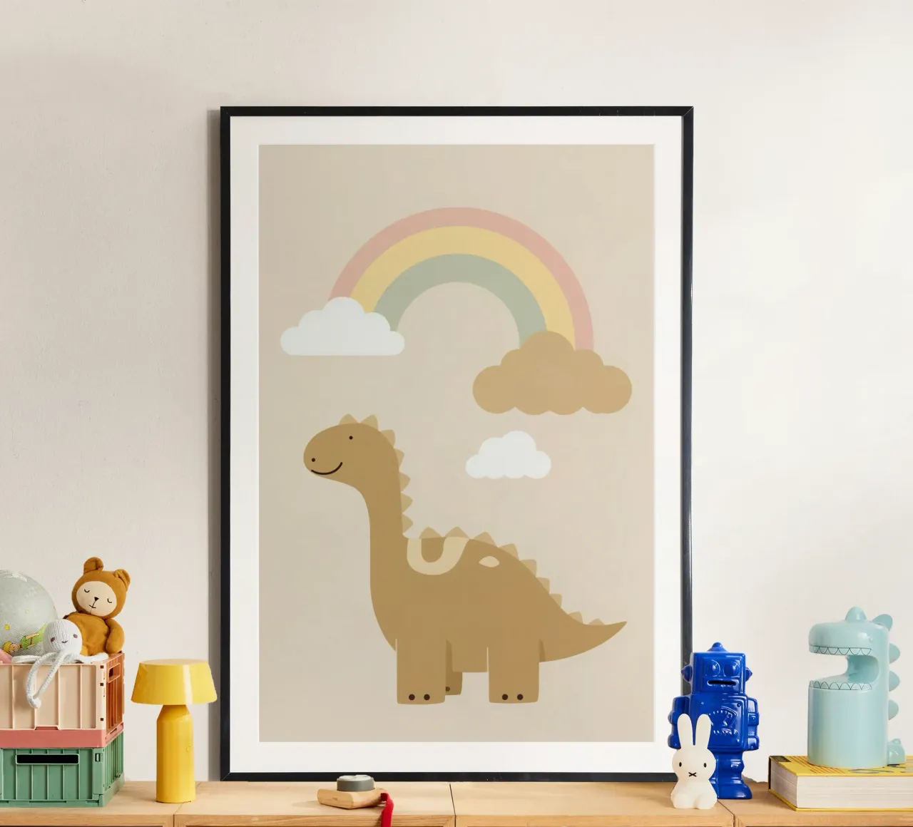 Dinosauro carino con arcobaleno e nuvole carta hahnemühle da DesignDoodle
