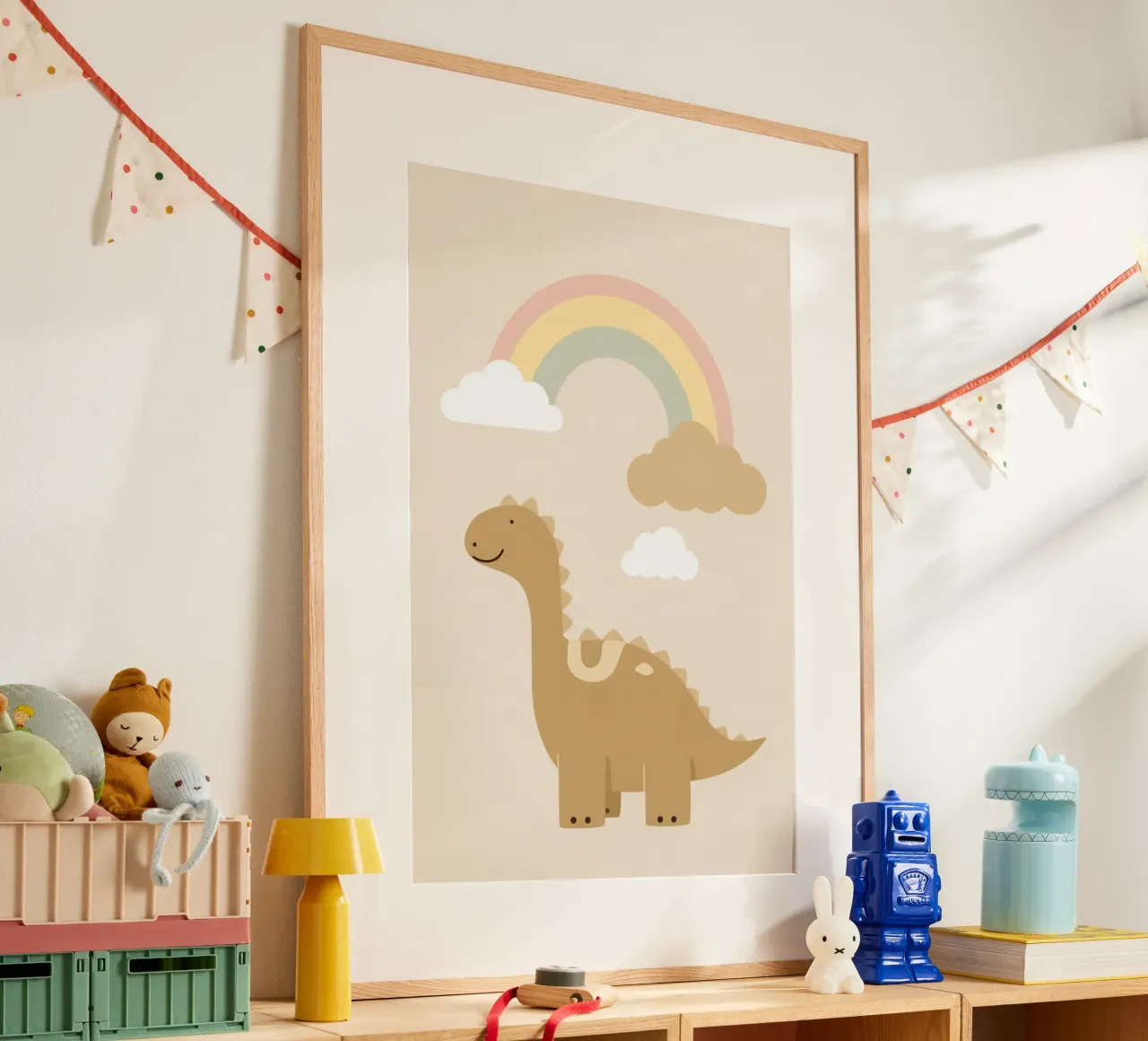 Dinosauro carino con arcobaleno e nuvole carta hahnemühle da DesignDoodle