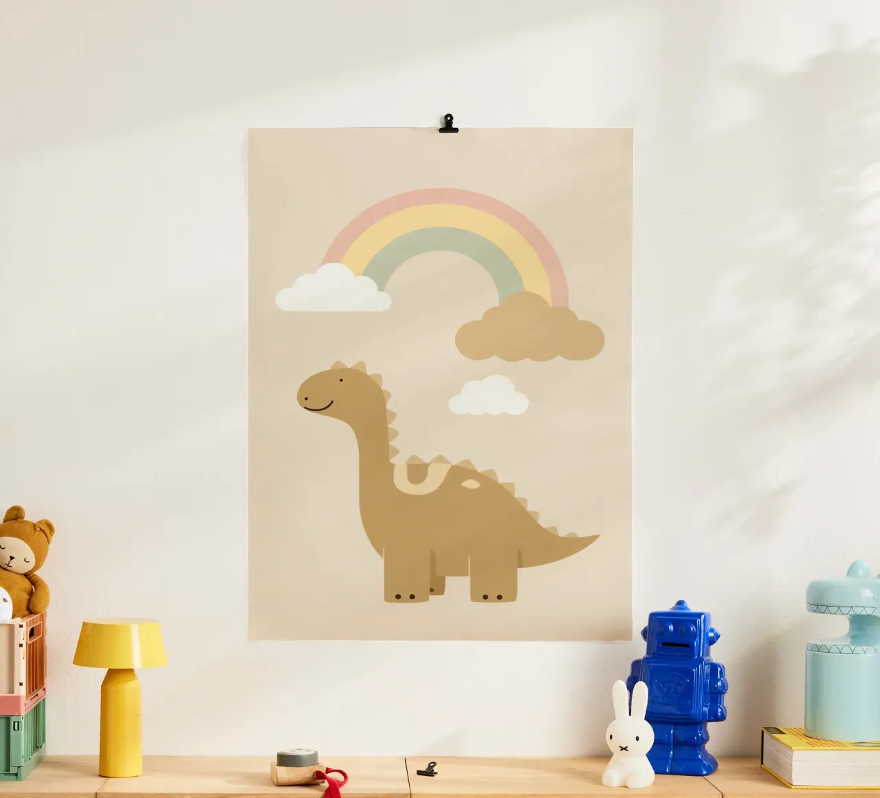 Dinosauro carino con arcobaleno e nuvole carta hahnemühle da DesignDoodle