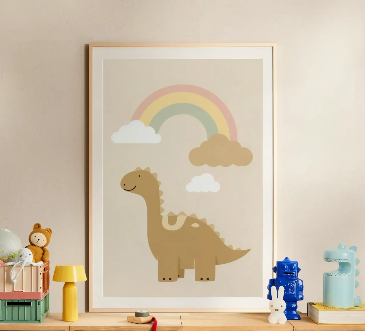 Dinosauro carino con arcobaleno e nuvole carta hahnemühle da DesignDoodle