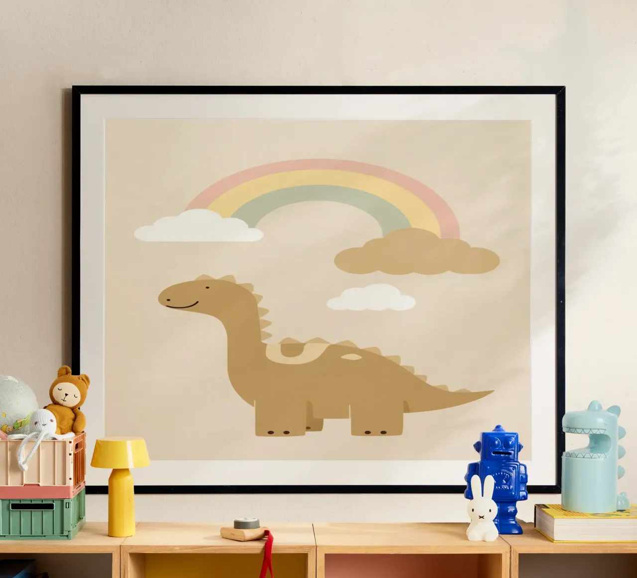 Dinosauro carino con arcobaleno e nuvole carta hahnemühle da DesignDoodle