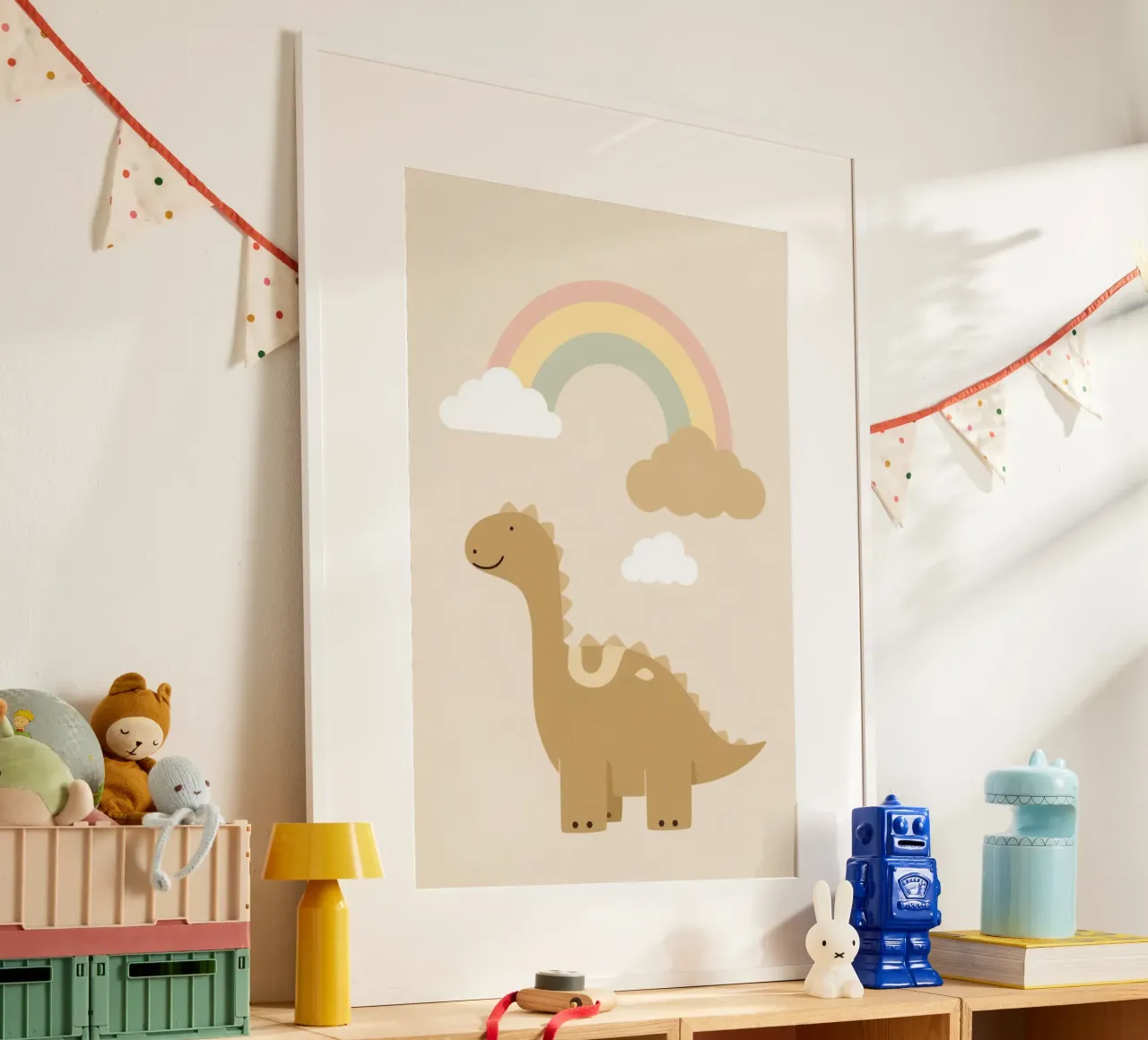 Dinosauro carino con arcobaleno e nuvole carta hahnemühle da DesignDoodle