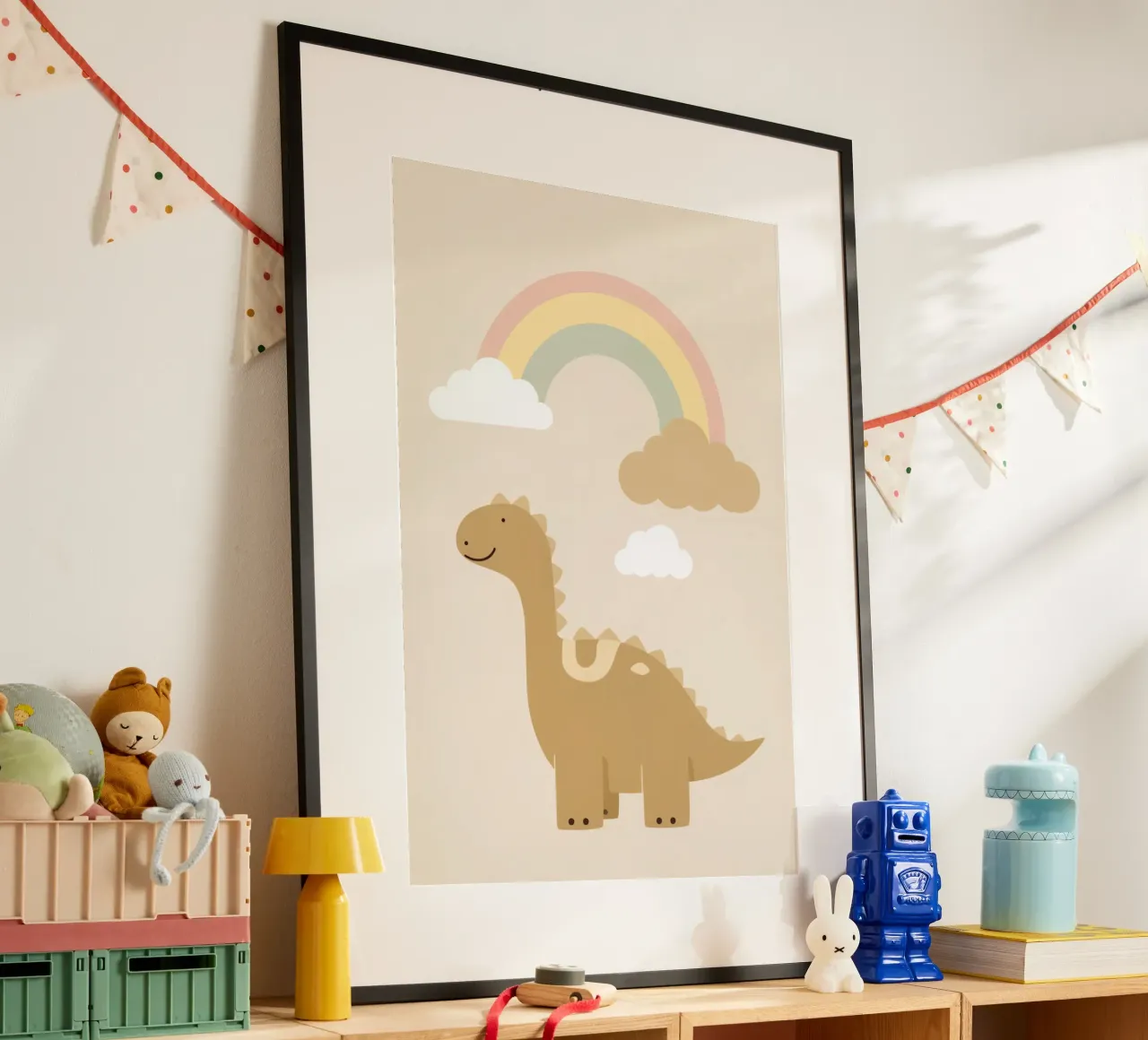 Dinosauro carino con arcobaleno e nuvole carta hahnemühle da DesignDoodle