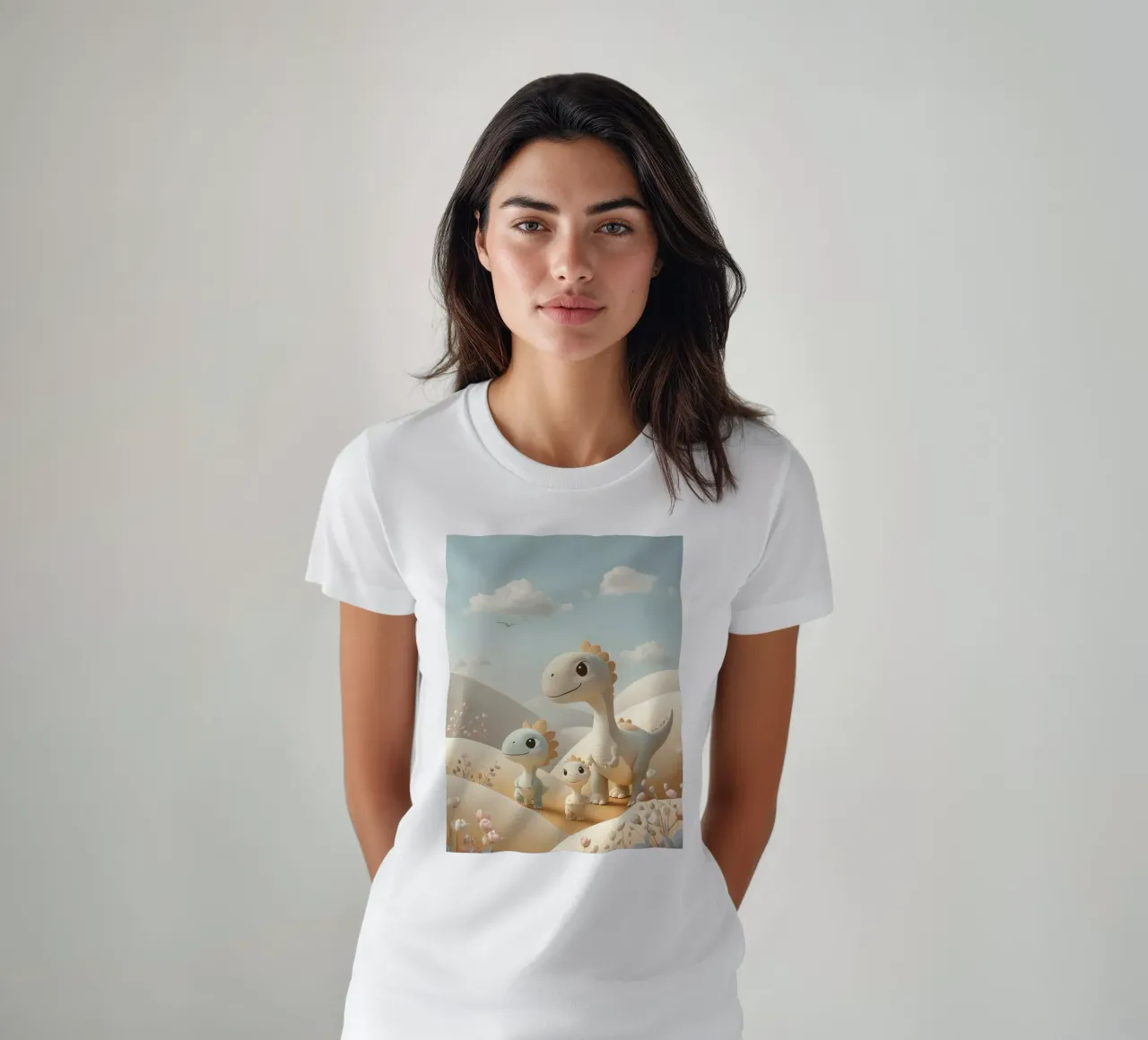 Simpatici dinosauri in un paesaggio pastello con fiori t-shirt da DesignDoodle