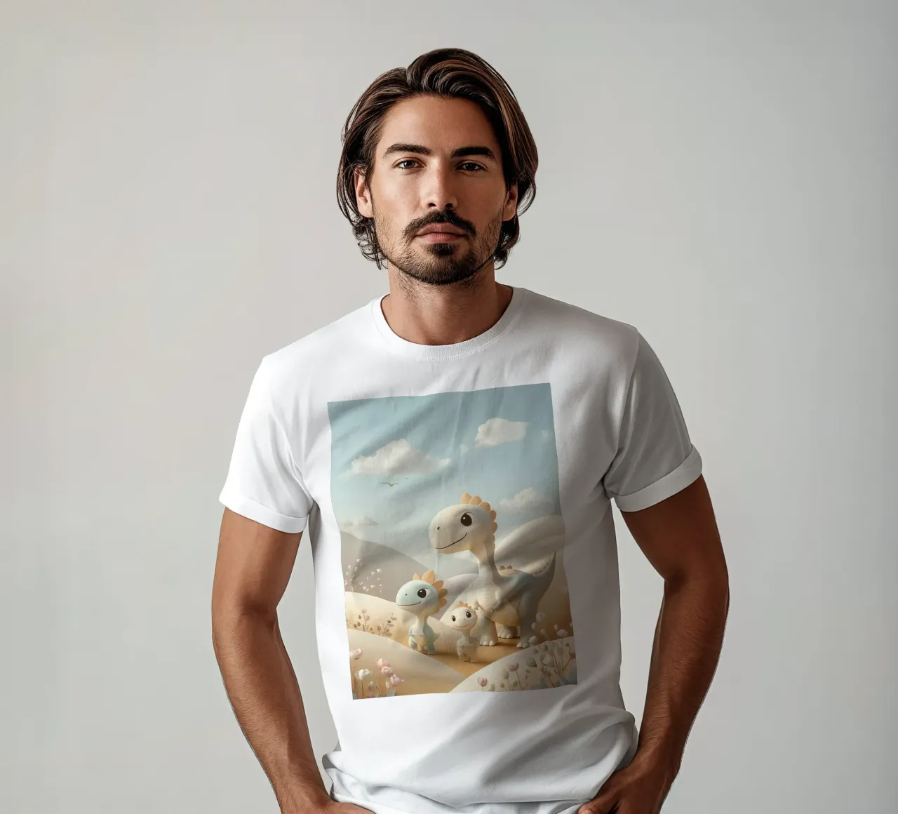 Simpatici dinosauri in un paesaggio pastello con fiori t-shirt da DesignDoodle
