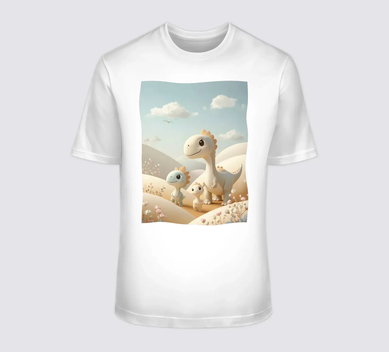 Simpatici dinosauri in un paesaggio pastello con fiori t-shirt da DesignDoodle