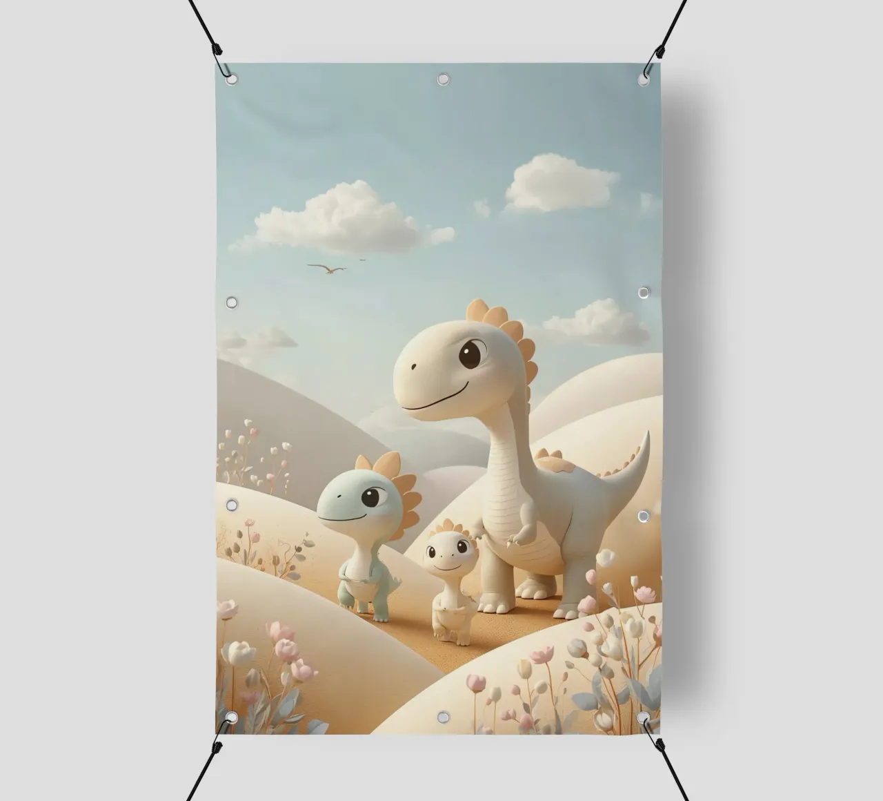 Simpatici dinosauri in un paesaggio pastello con fiori telo in pvc da DesignDoodle