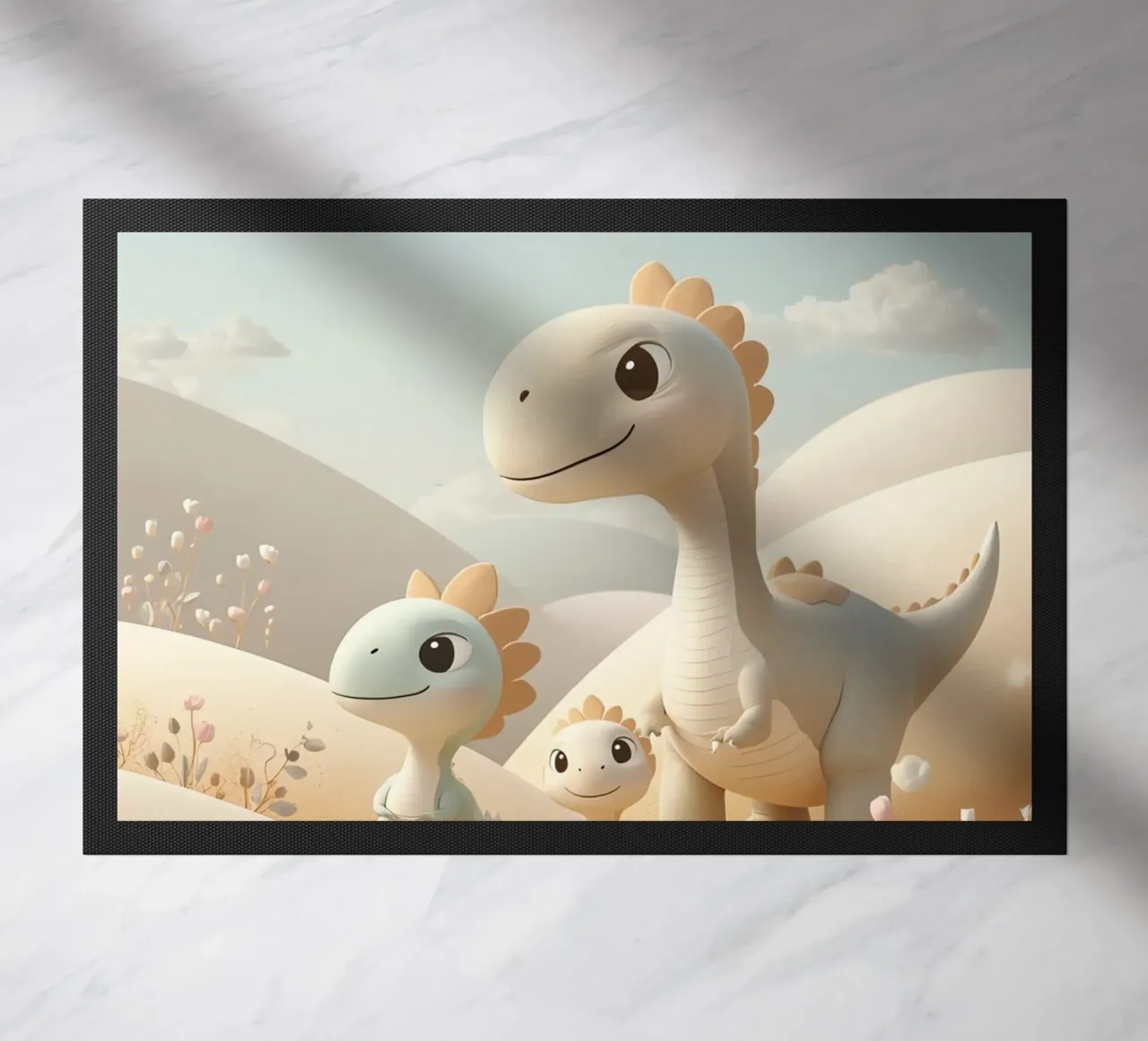 Simpatici dinosauri in un paesaggio pastello con fiori zerbino da DesignDoodle