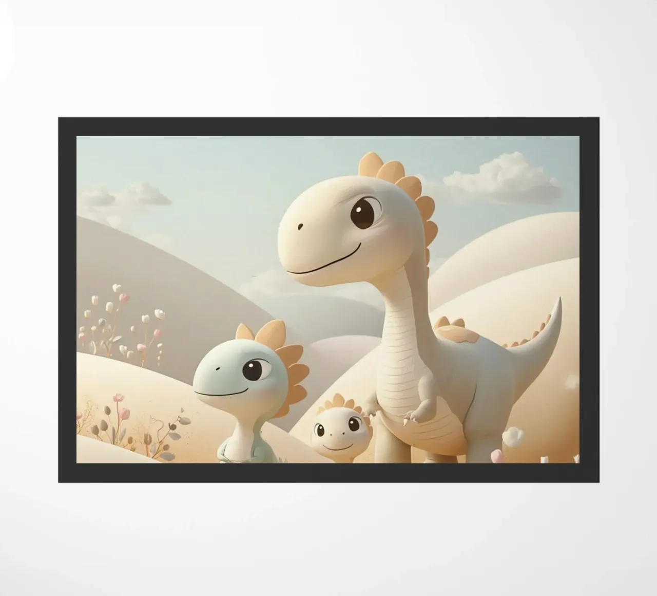 Simpatici dinosauri in un paesaggio pastello con fiori zerbino da DesignDoodle