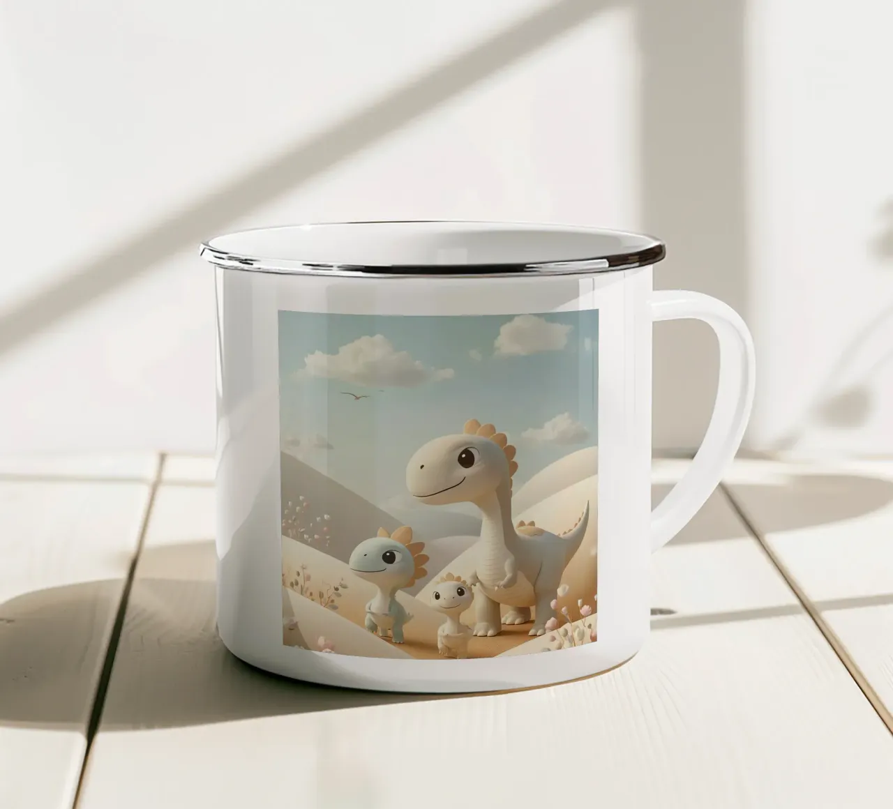 Simpatici dinosauri in un paesaggio pastello con fiori tazza in smalto da DesignDoodle