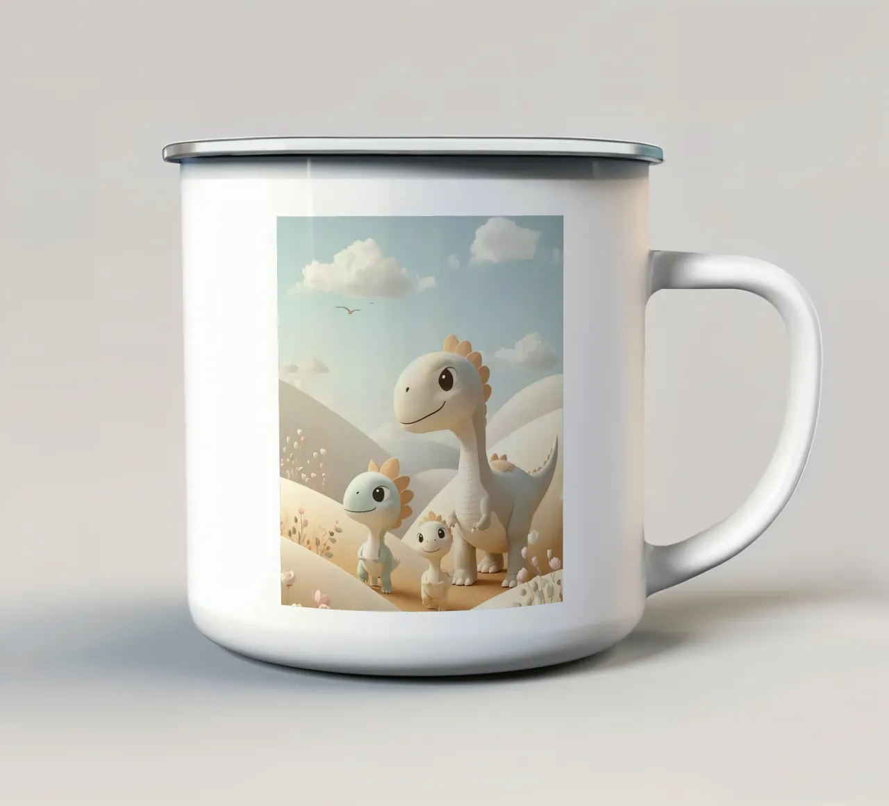 Simpatici dinosauri in un paesaggio pastello con fiori tazza in smalto da DesignDoodle