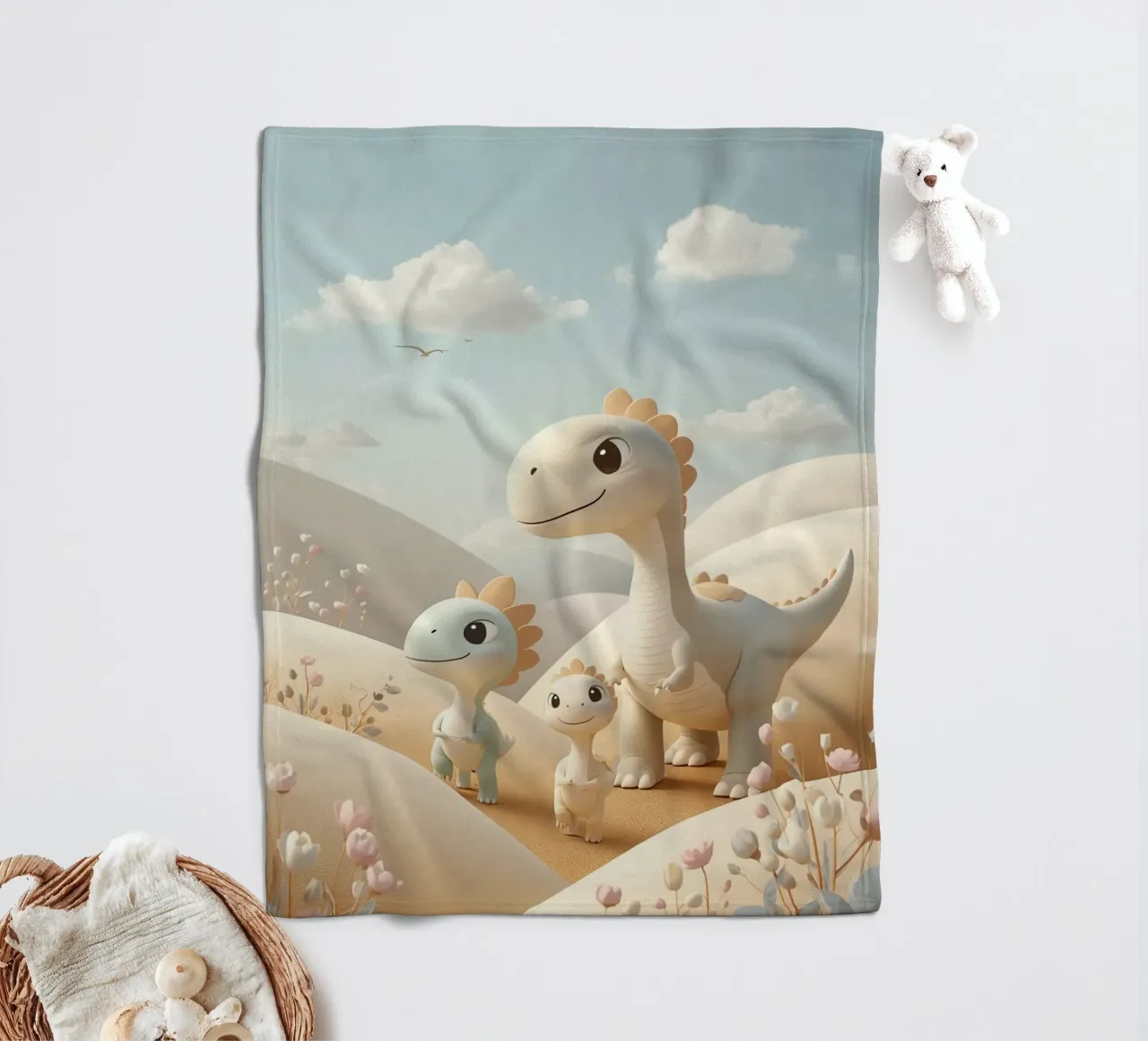Simpatici dinosauri in un paesaggio pastello con fiori coperta in pile da DesignDoodle