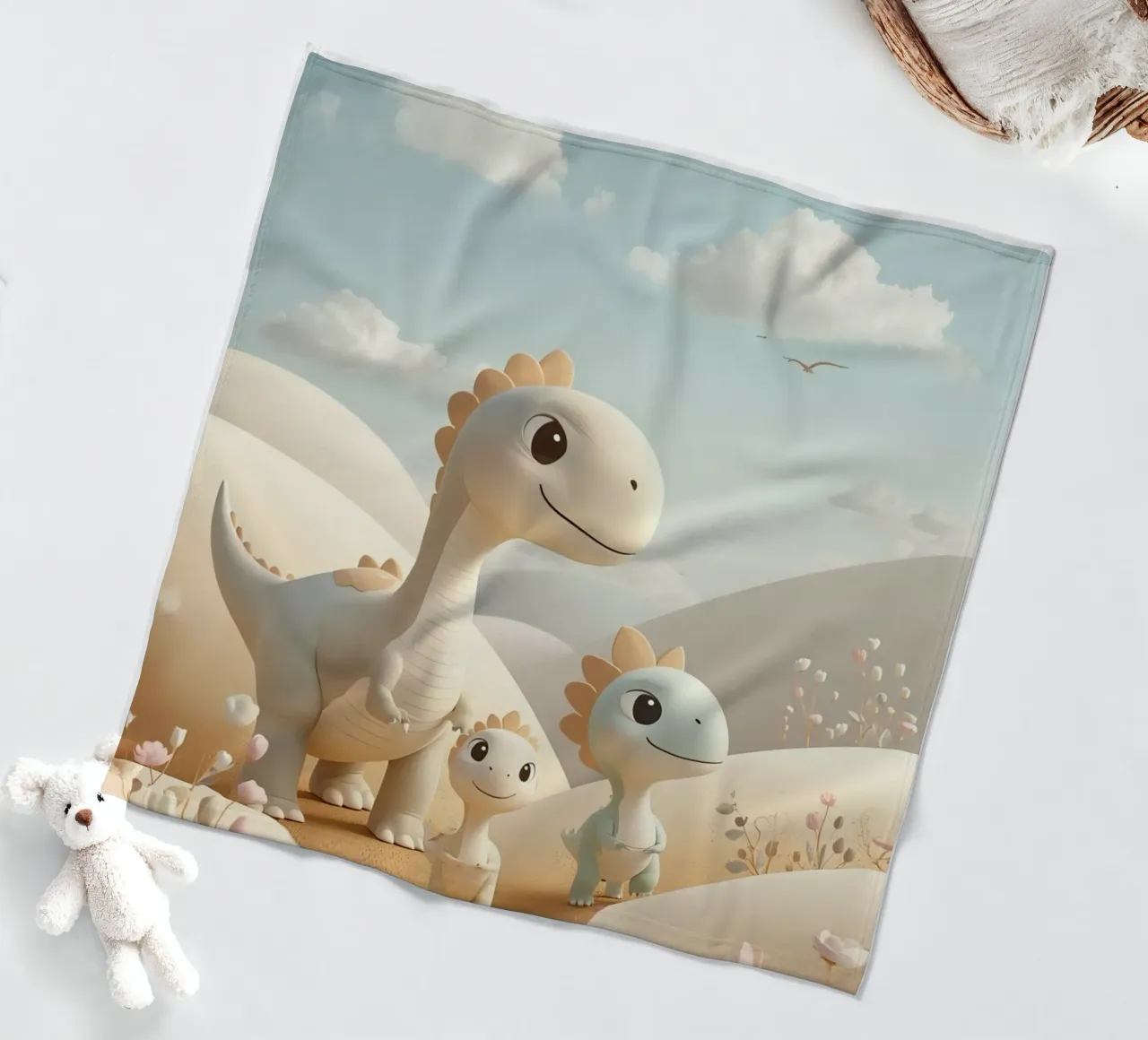 Simpatici dinosauri in un paesaggio pastello con fiori coperta in pile da DesignDoodle