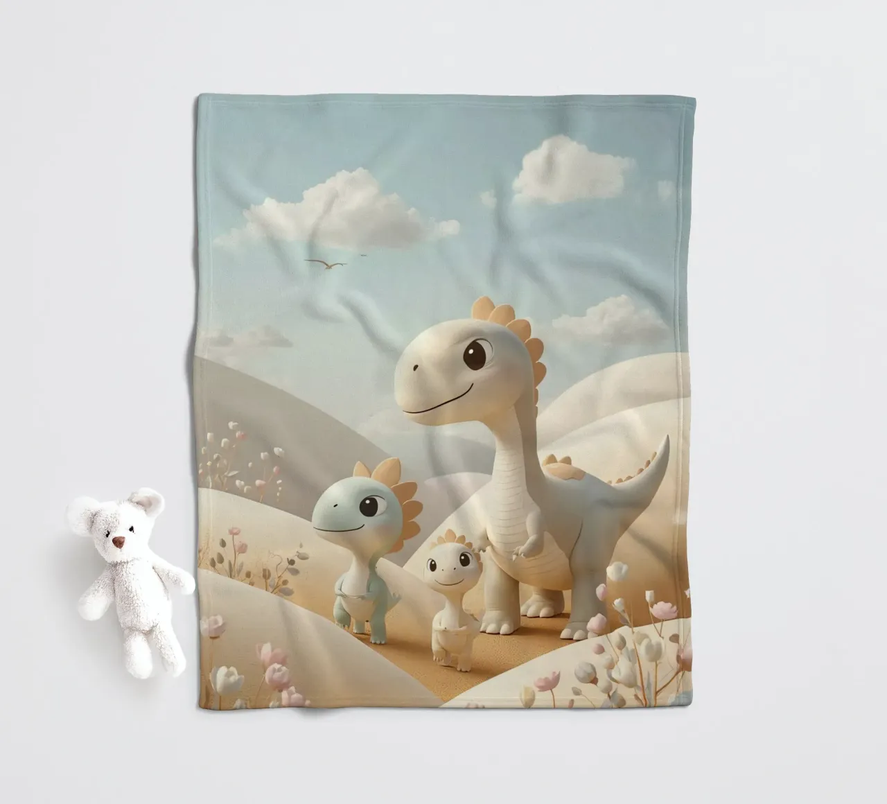 Simpatici dinosauri in un paesaggio pastello con fiori coperta in pile da DesignDoodle