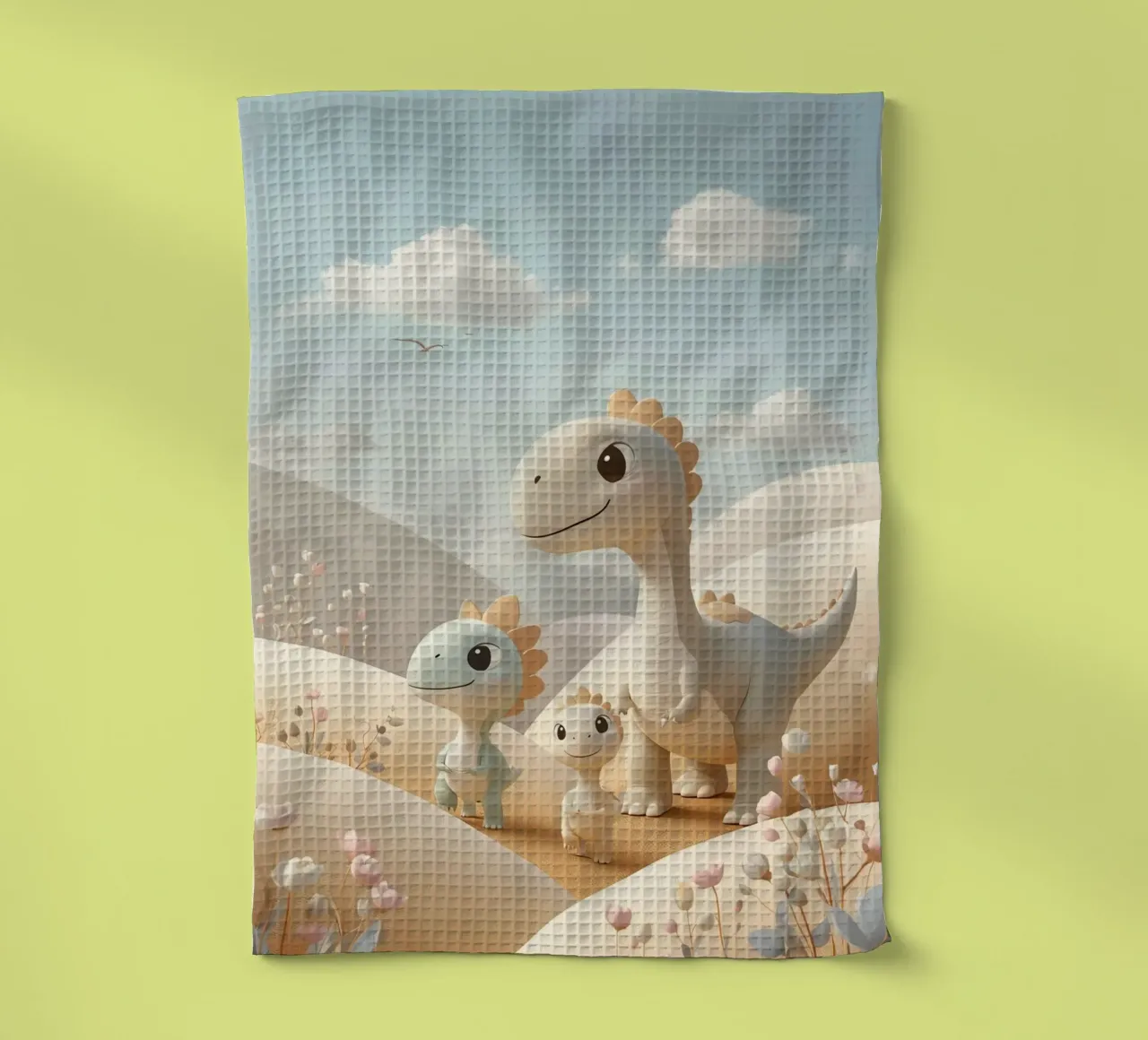 Simpatici dinosauri in un paesaggio pastello con fiori canovaccio da cucina da DesignDoodle