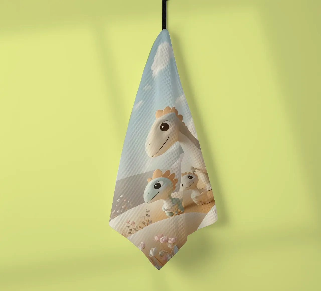 Simpatici dinosauri in un paesaggio pastello con fiori canovaccio da cucina da DesignDoodle