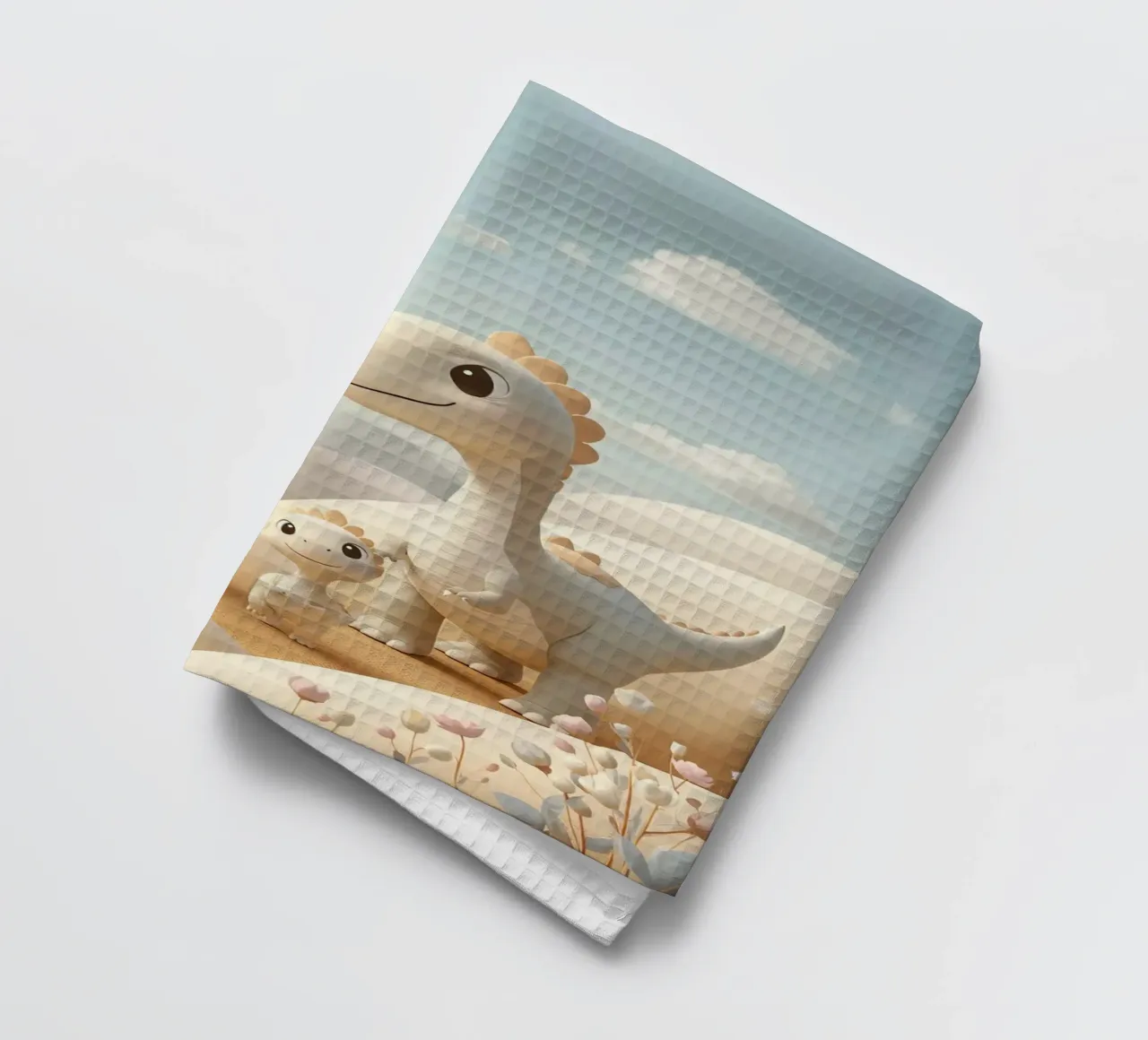 Simpatici dinosauri in un paesaggio pastello con fiori canovaccio da cucina da DesignDoodle