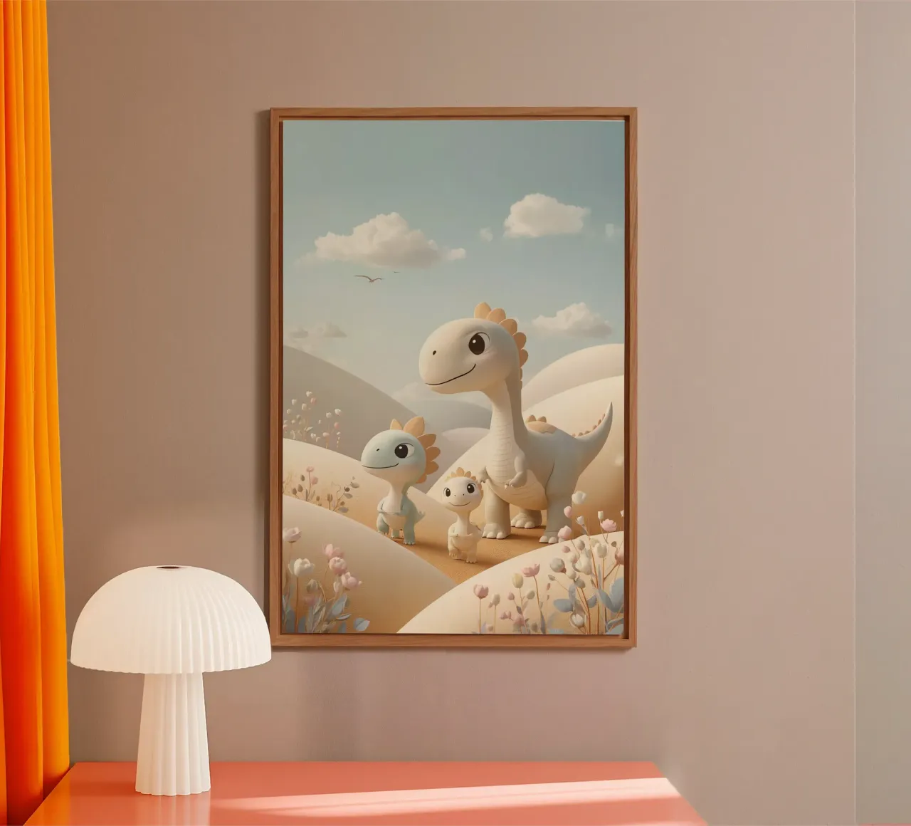 Simpatici dinosauri in un paesaggio pastello con fiori alluminio dibond da DesignDoodle