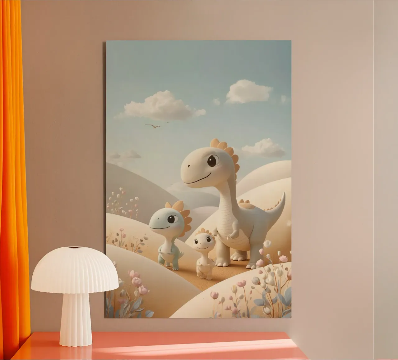 Simpatici dinosauri in un paesaggio pastello con fiori alluminio dibond da DesignDoodle