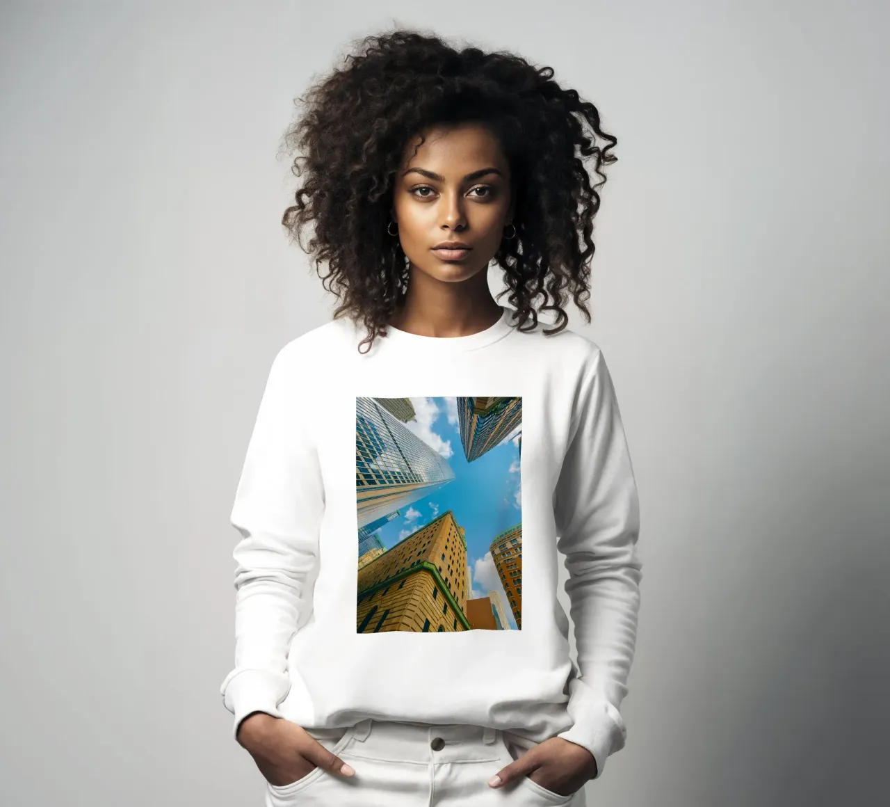 view of the sky from under a tall building sweatshirt by PASMING