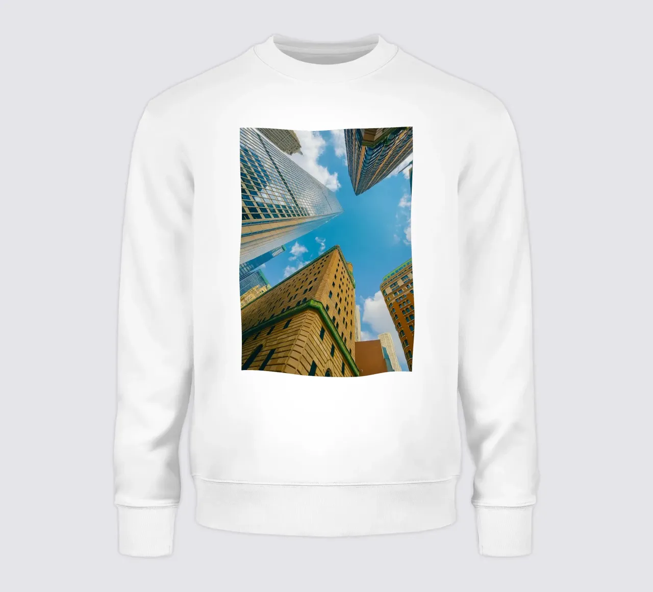 view of the sky from under a tall building sweatshirt by PASMING