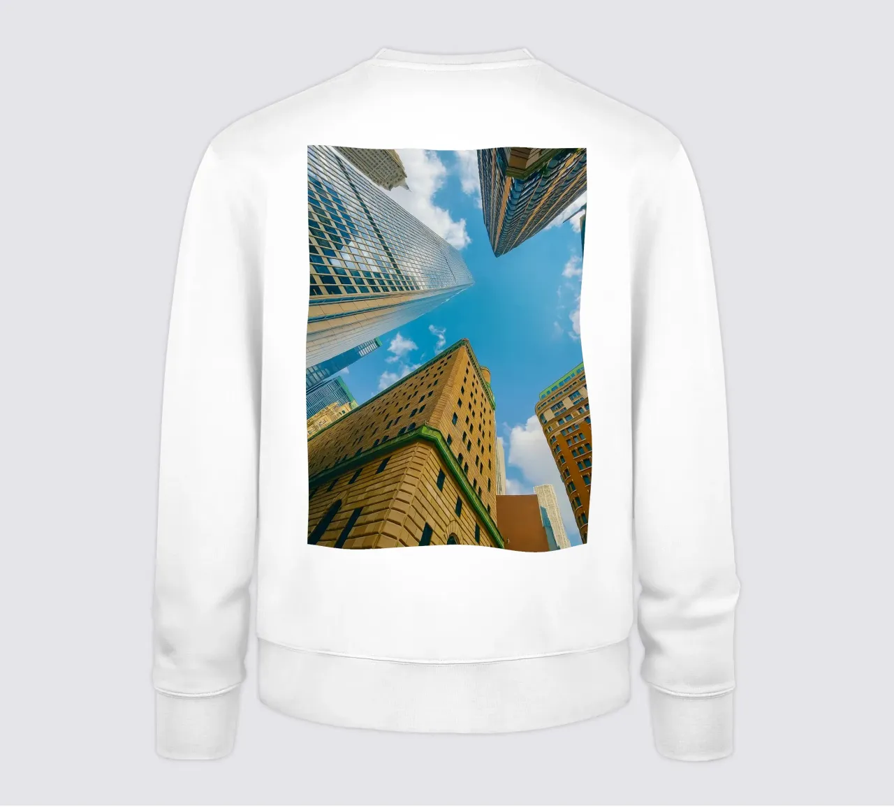view of the sky from under a tall building sweatshirt by PASMING