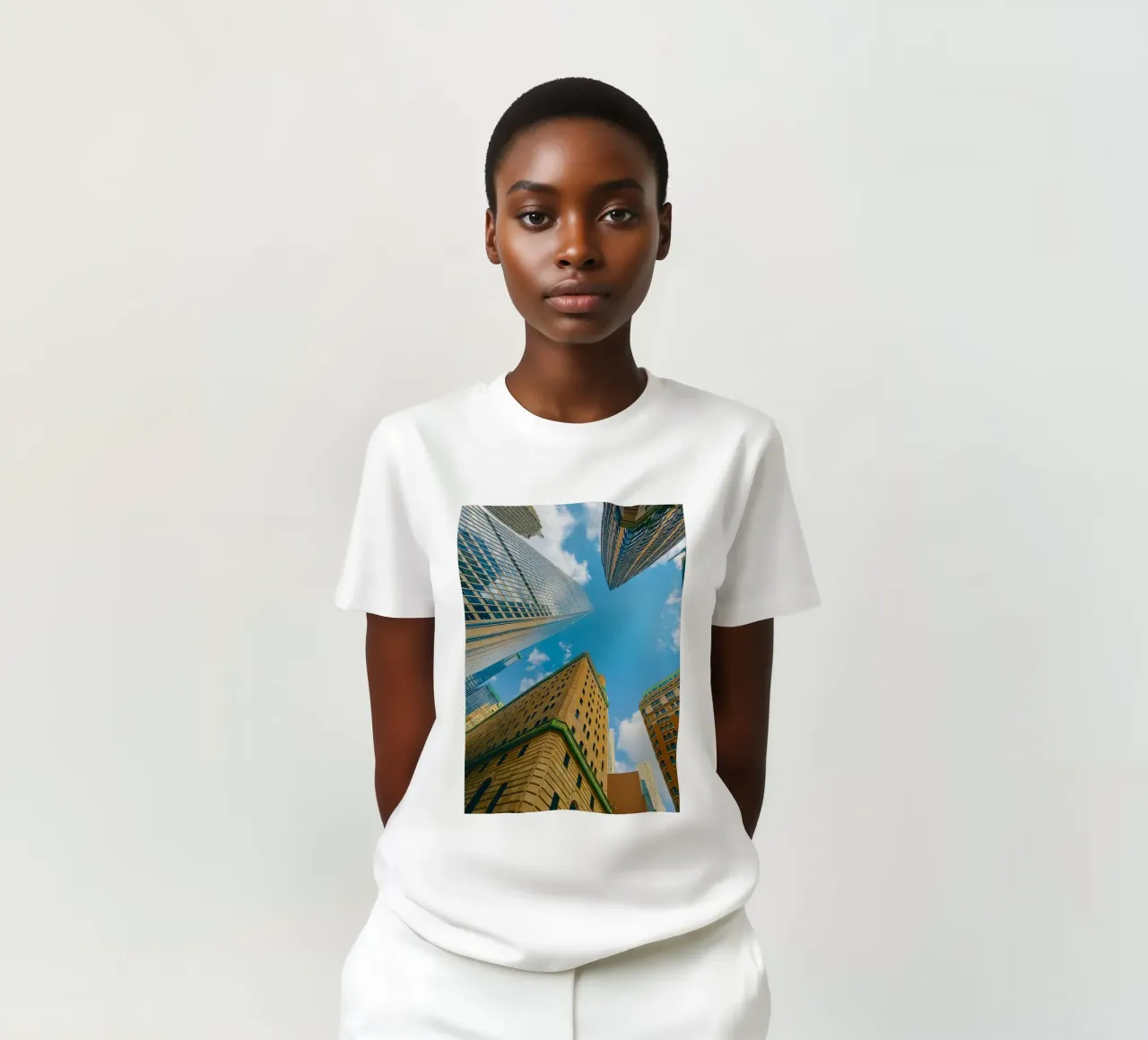 view of the sky from under a tall building t-shirt by PASMING