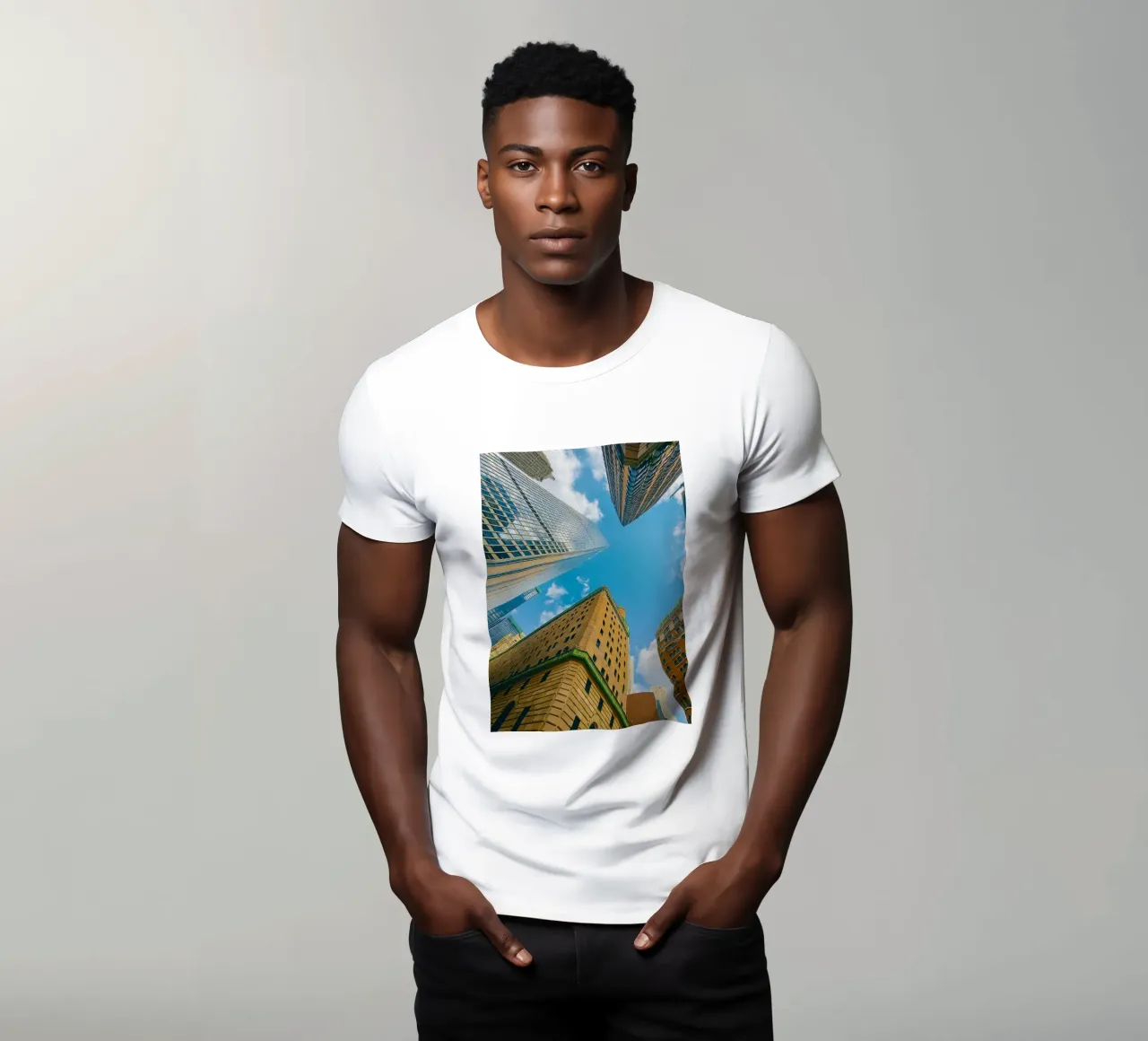 view of the sky from under a tall building t-shirt by PASMING