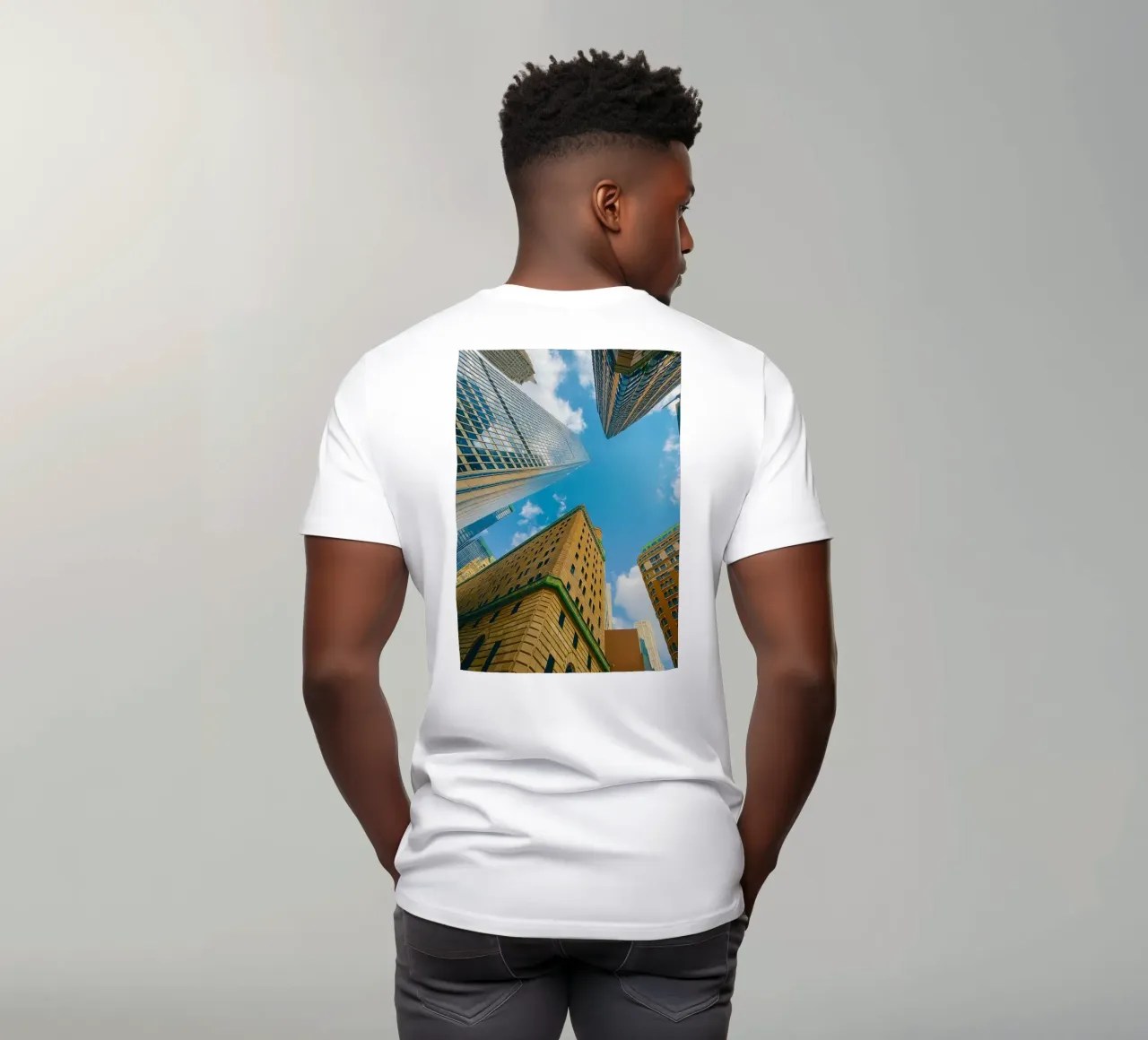 view of the sky from under a tall building t-shirt by PASMING