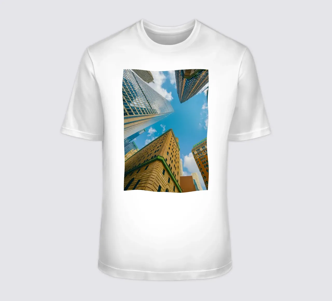 view of the sky from under a tall building t-shirt by PASMING