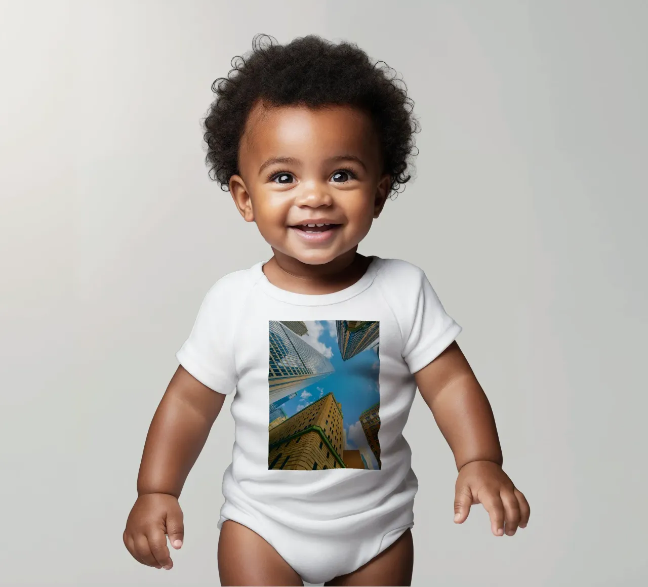 view of the sky from under a tall building short-sleeve baby romper by PASMING