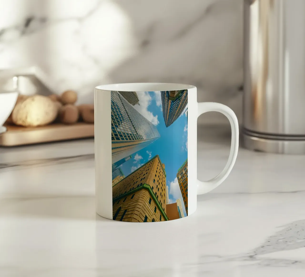 view of the sky from under a tall building ceramic mug by PASMING