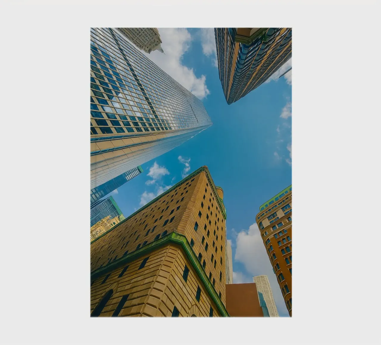 view of the sky from under a tall building notebook by PASMING