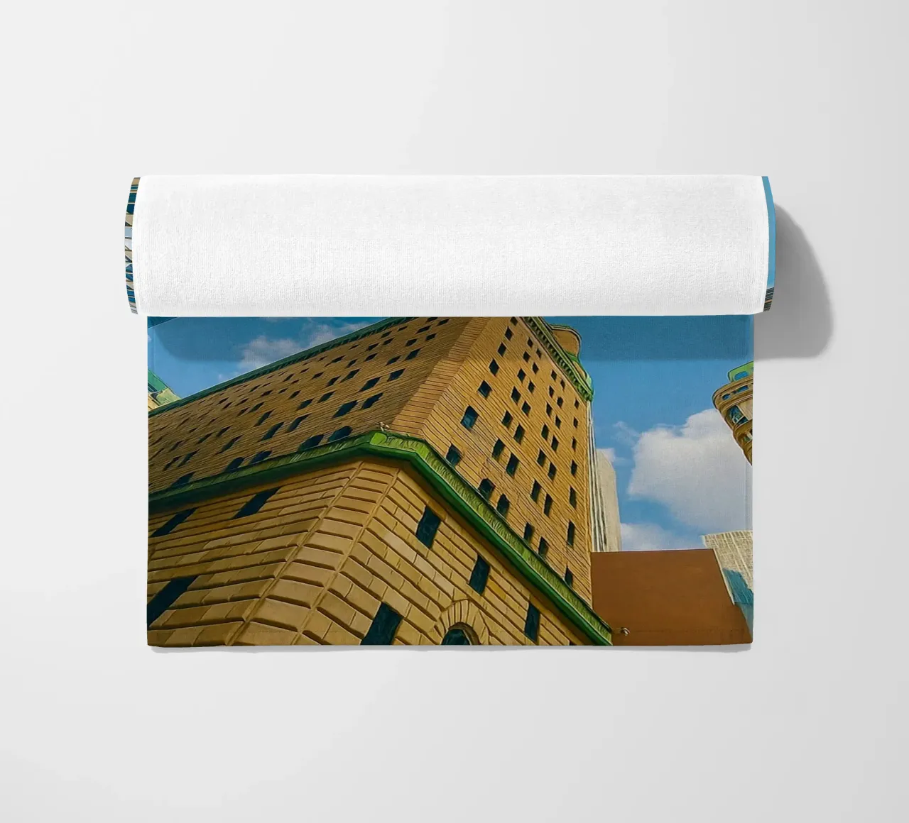 view of the sky from under a tall building beach towel by PASMING