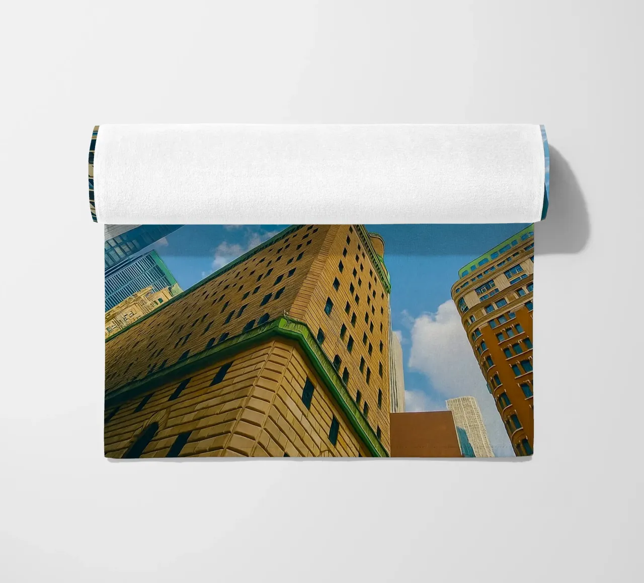 view of the sky from under a tall building beach towel by PASMING