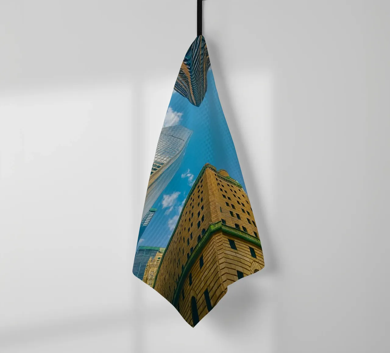 view of the sky from under a tall building tea towel by PASMING