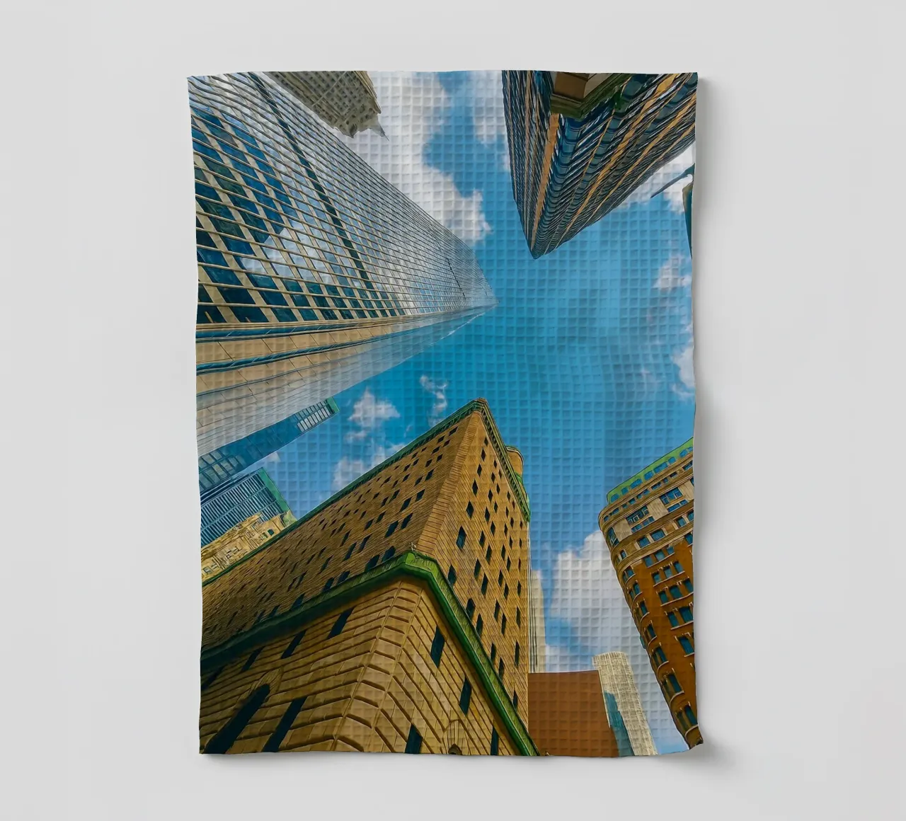 view of the sky from under a tall building tea towel by PASMING
