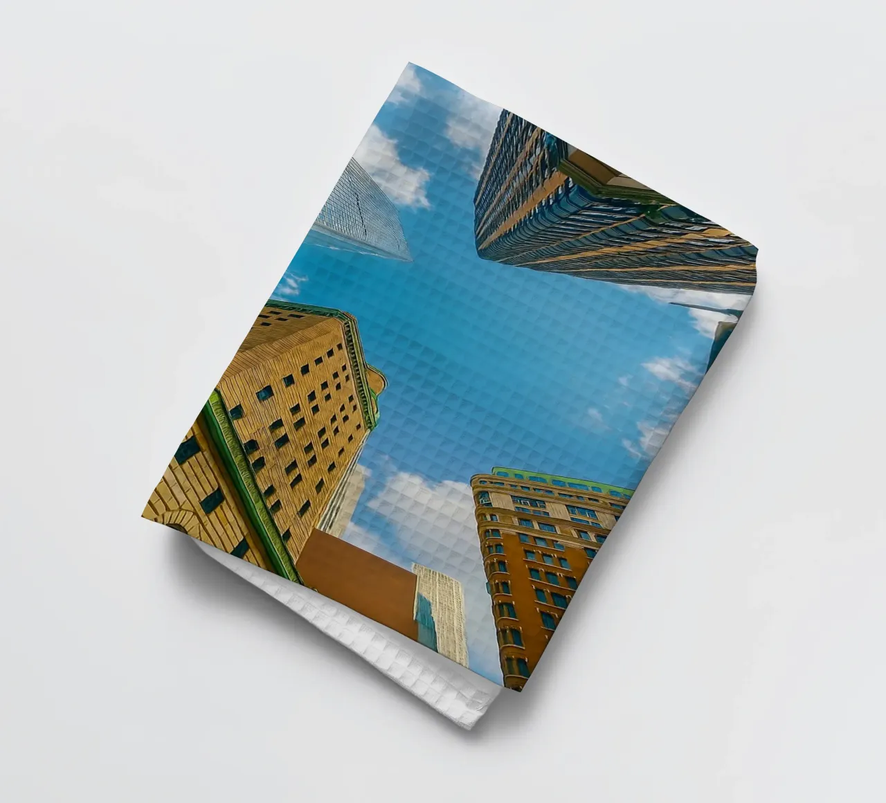 view of the sky from under a tall building tea towel by PASMING