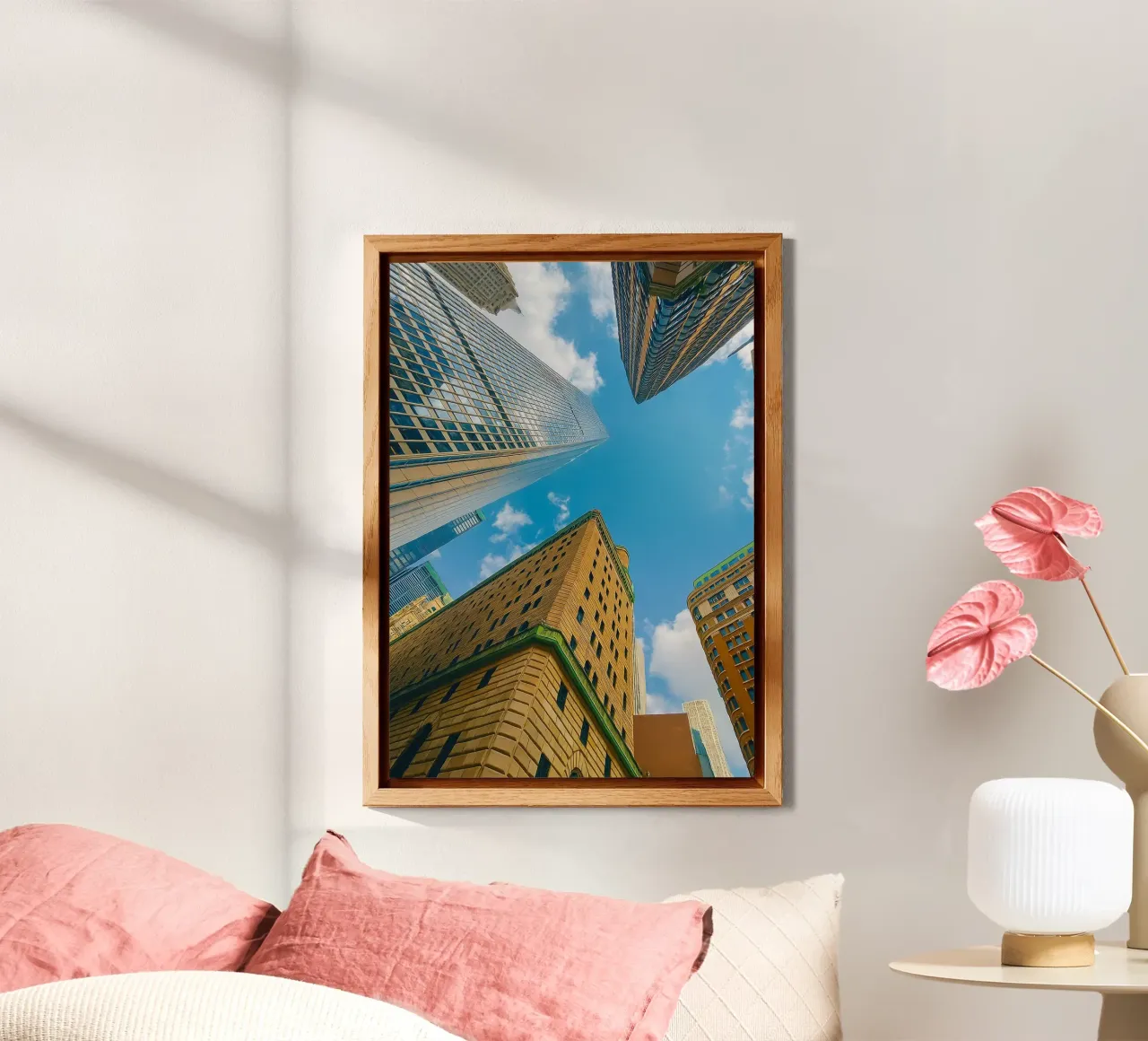view of the sky from under a tall building alu-dibond by PASMING
