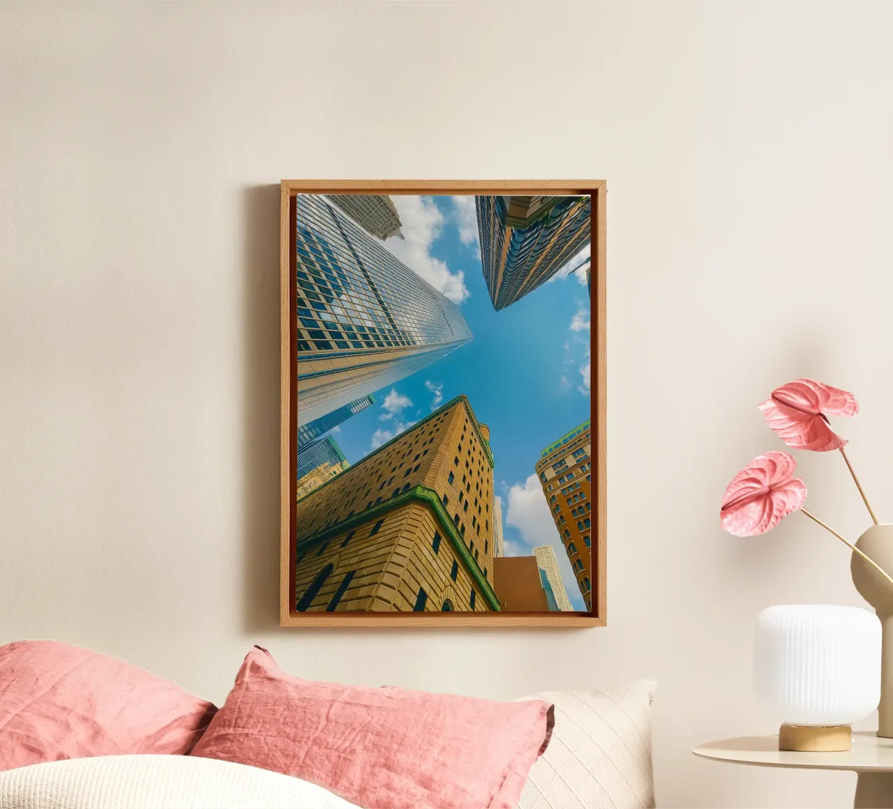 view of the sky from under a tall building canvas by PASMING