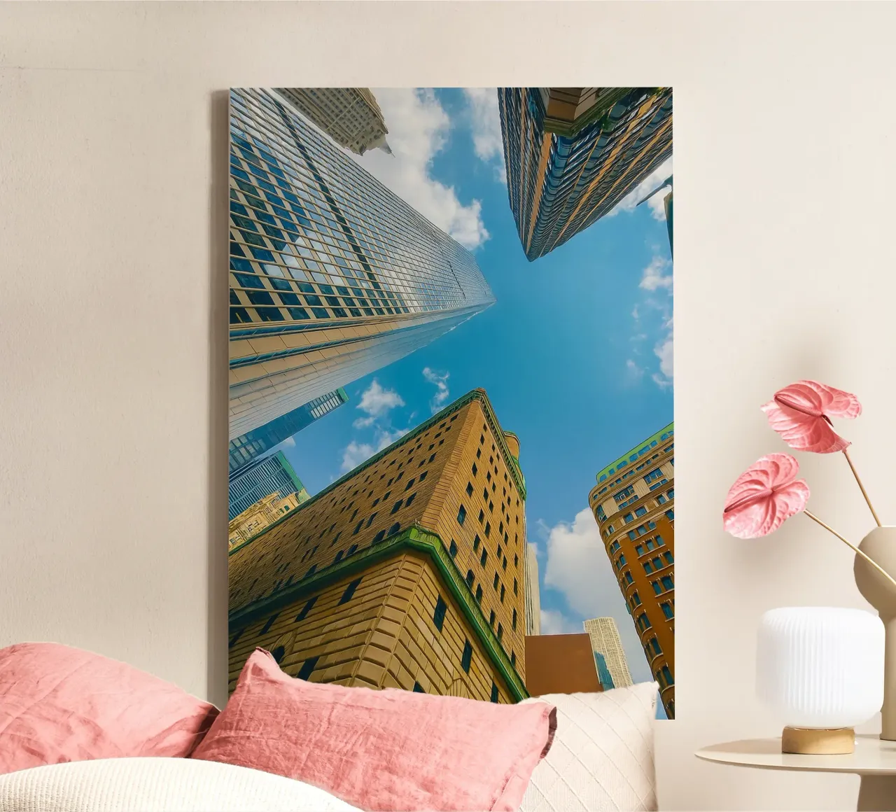 view of the sky from under a tall building canvas by PASMING