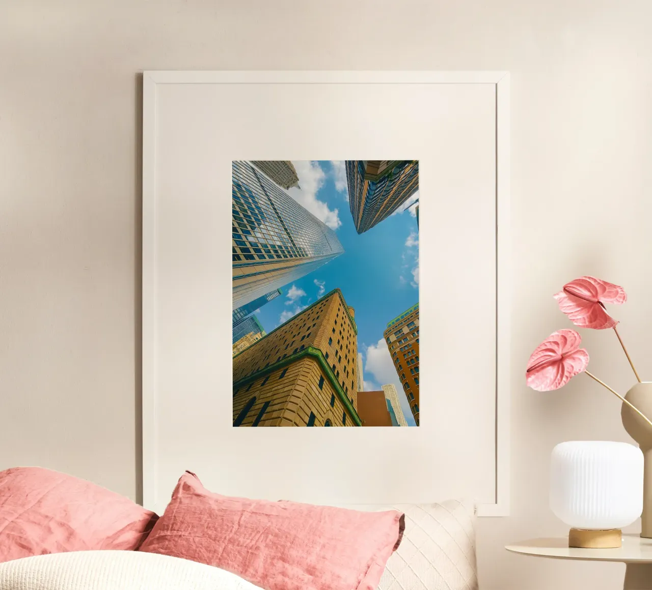 view of the sky from under a tall building hahnemühle by PASMING