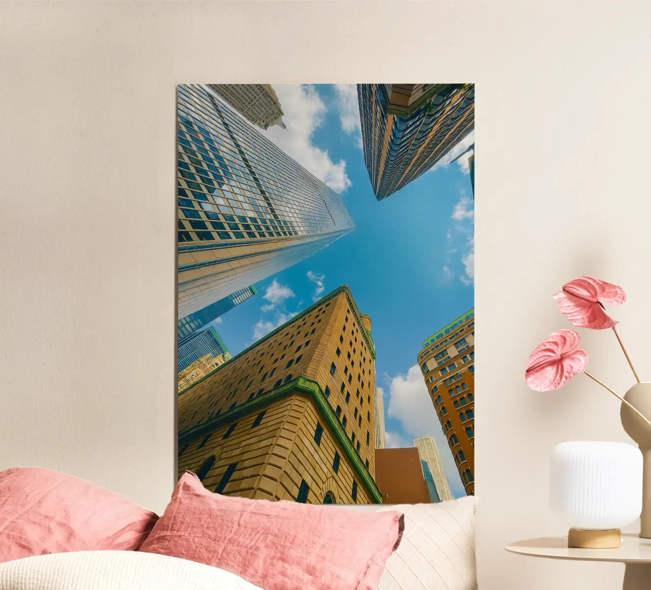 view of the sky from under a tall building hahnemühle by PASMING
