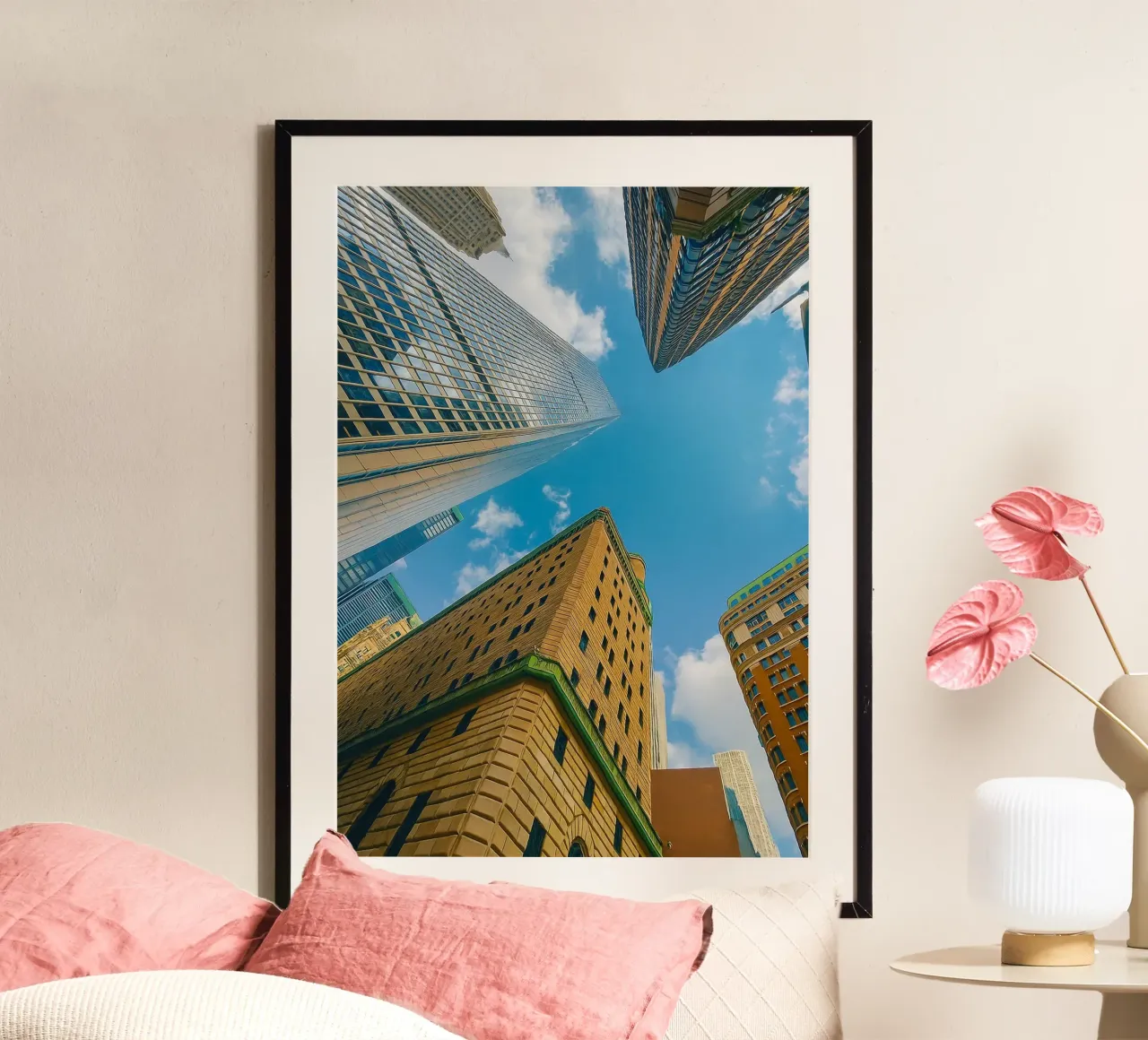 view of the sky from under a tall building hahnemühle by PASMING