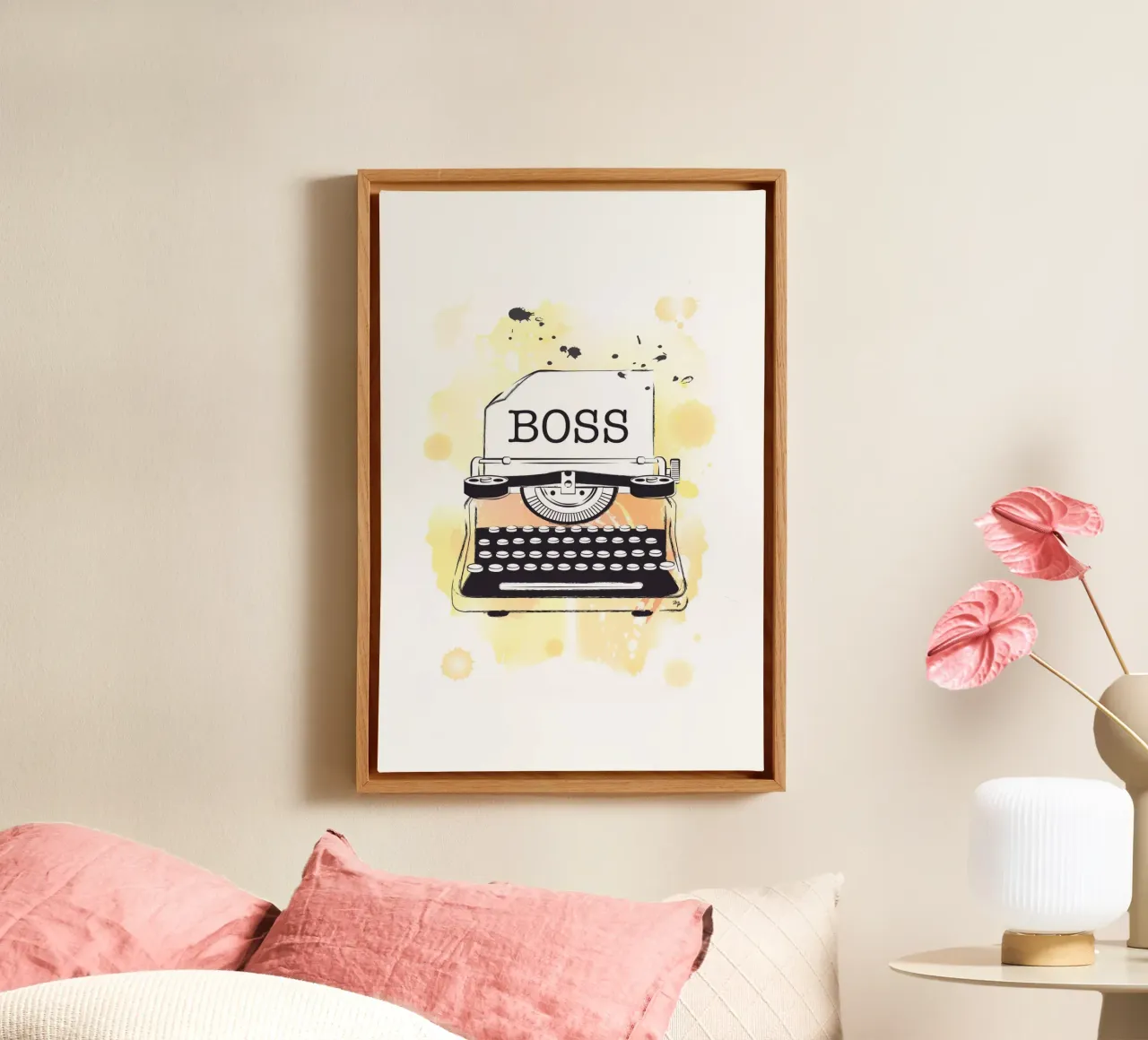 Gele typemachine baas canvas met Baklijst van Martina