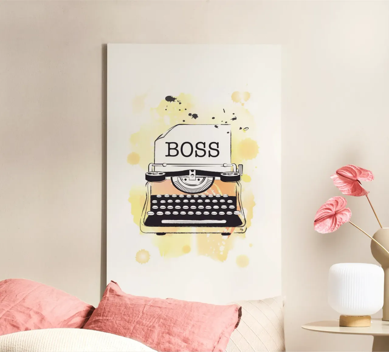 Gele typemachine baas canvas met Baklijst van Martina