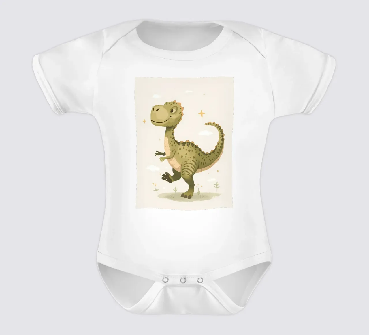 Felice Tyrannosaurus Rex con stelle e nuvole body neonato maniche corte da DesignDoodle