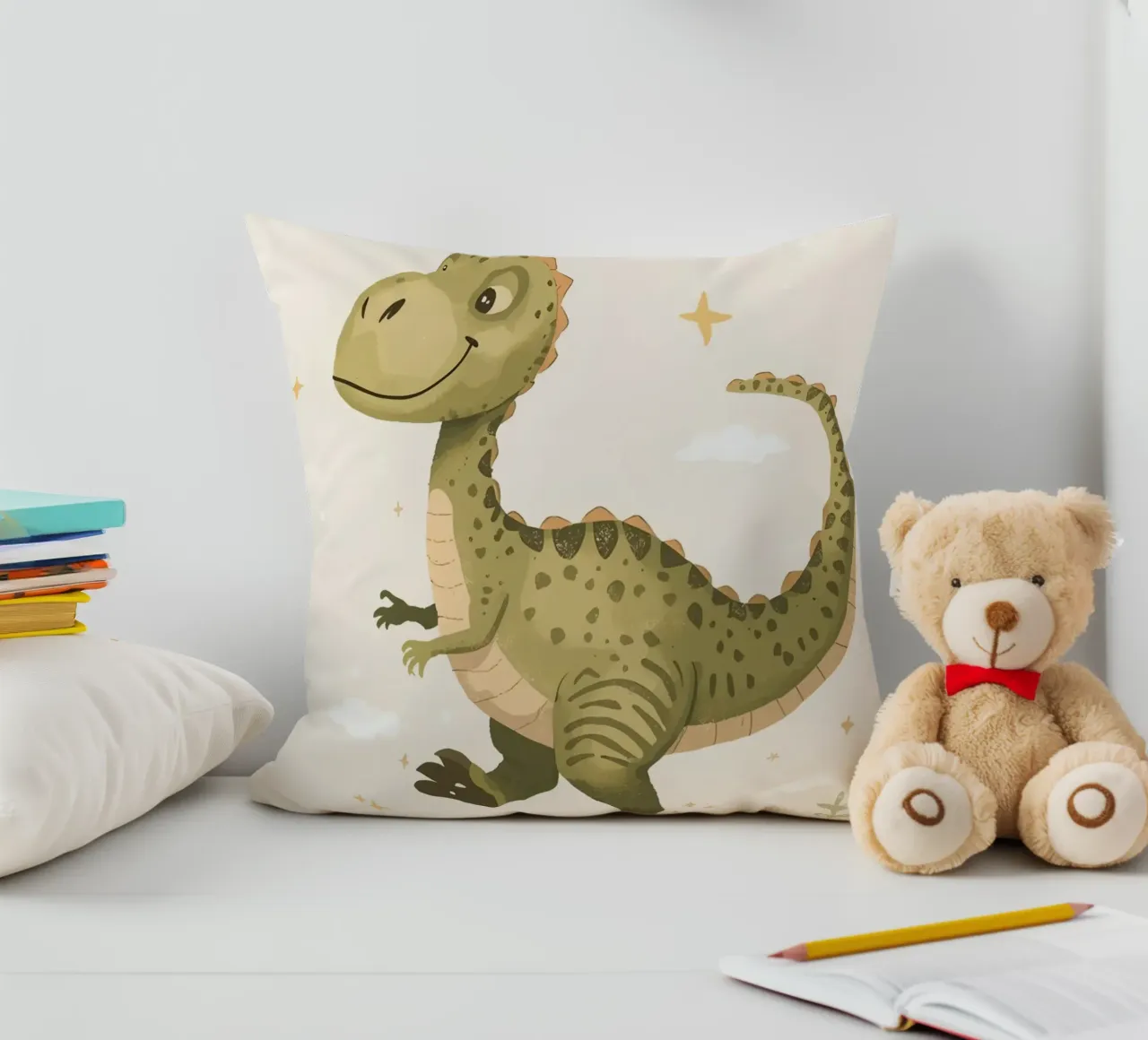Felice Tyrannosaurus Rex con stelle e nuvole cuscino da DesignDoodle