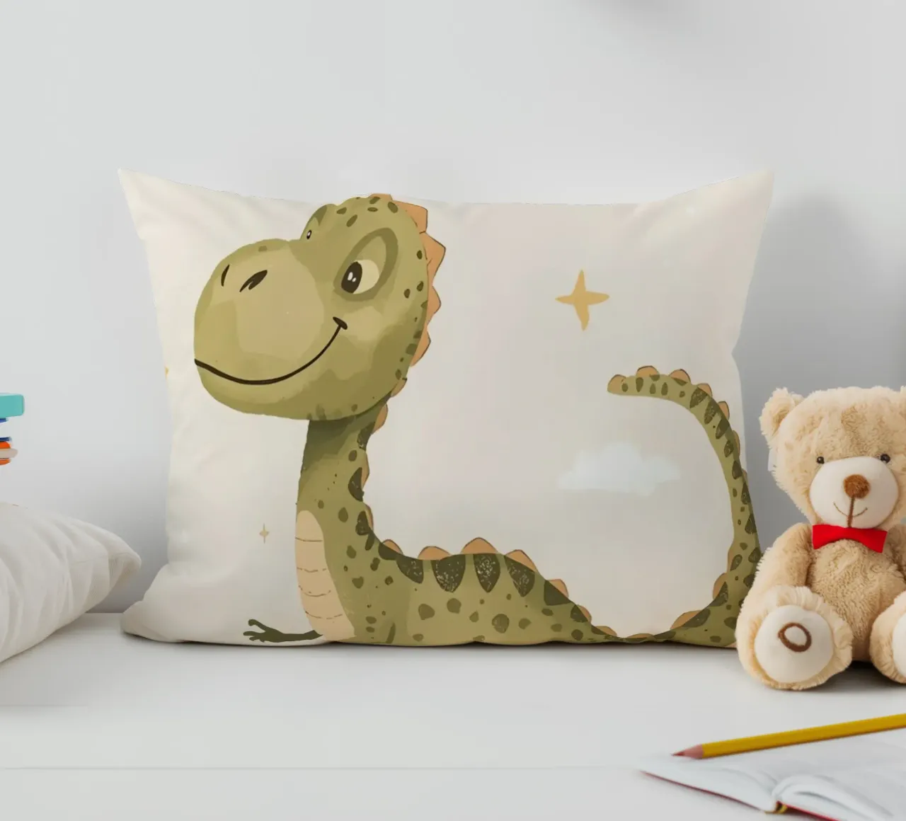 Felice Tyrannosaurus Rex con stelle e nuvole cuscino da DesignDoodle
