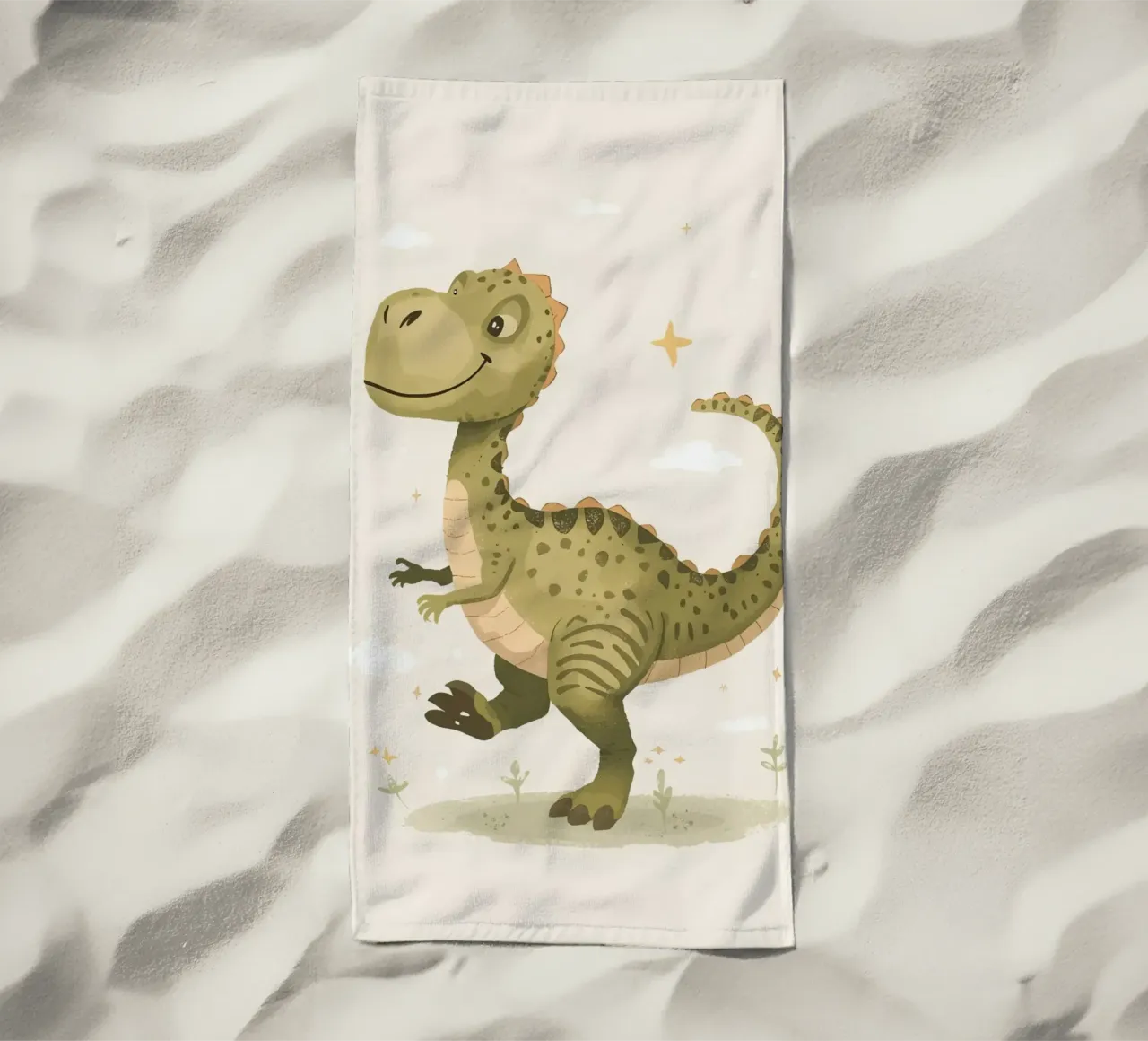 Felice Tyrannosaurus Rex con stelle e nuvole telo mare da DesignDoodle